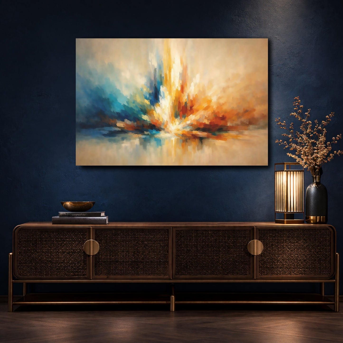 Mockup 4. Abstract Color Burst Blue Orange Abstract shown as stretched canvas wall art