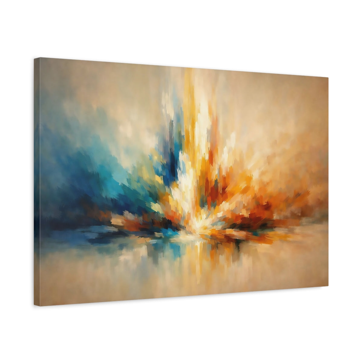 Side Mockup 2. Abstract Color Burst Blue Orange Abstract shown as stretched canvas wall art