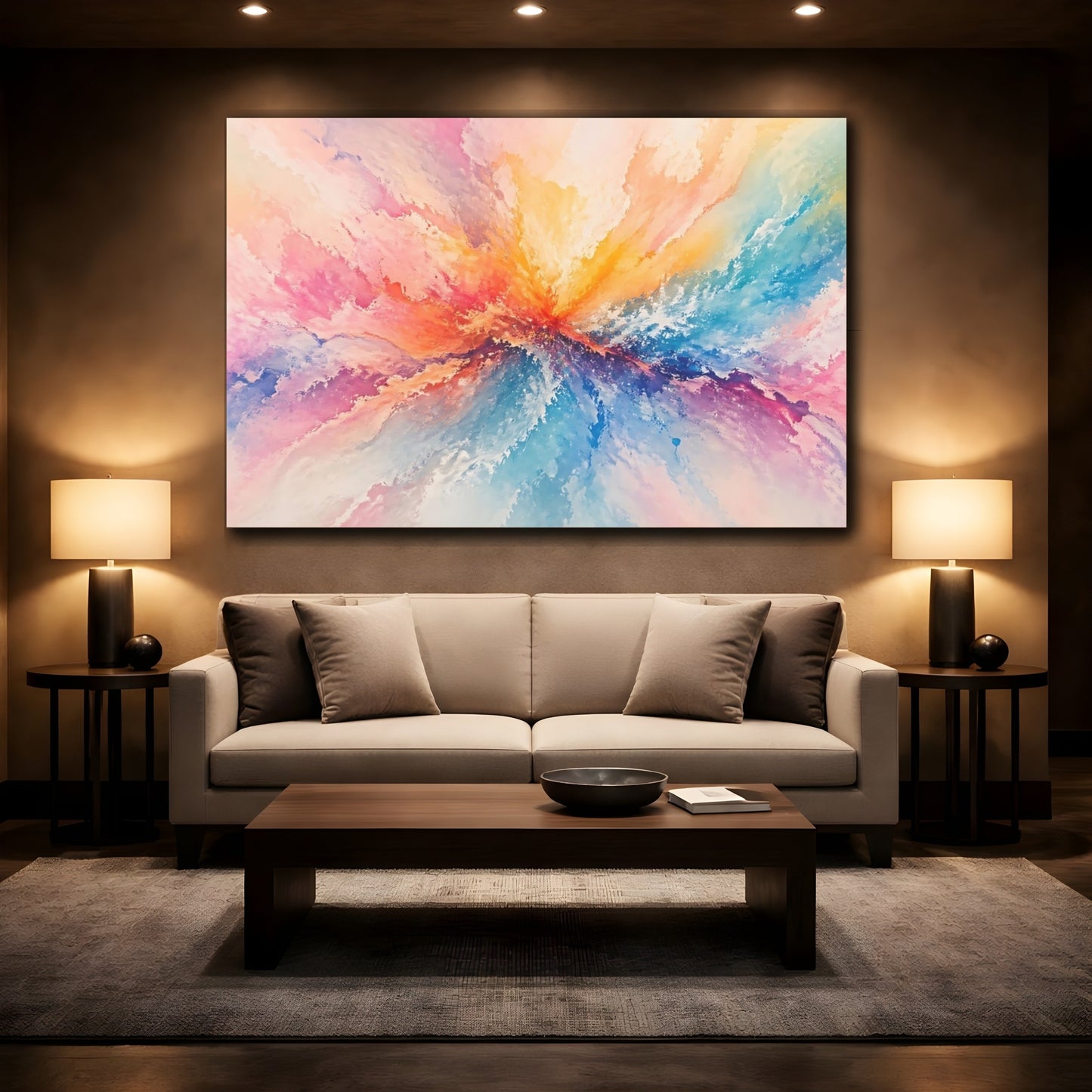 Mockup 2. Abstract Color Burst Colorful Abstract shown as stretched canvas wall art