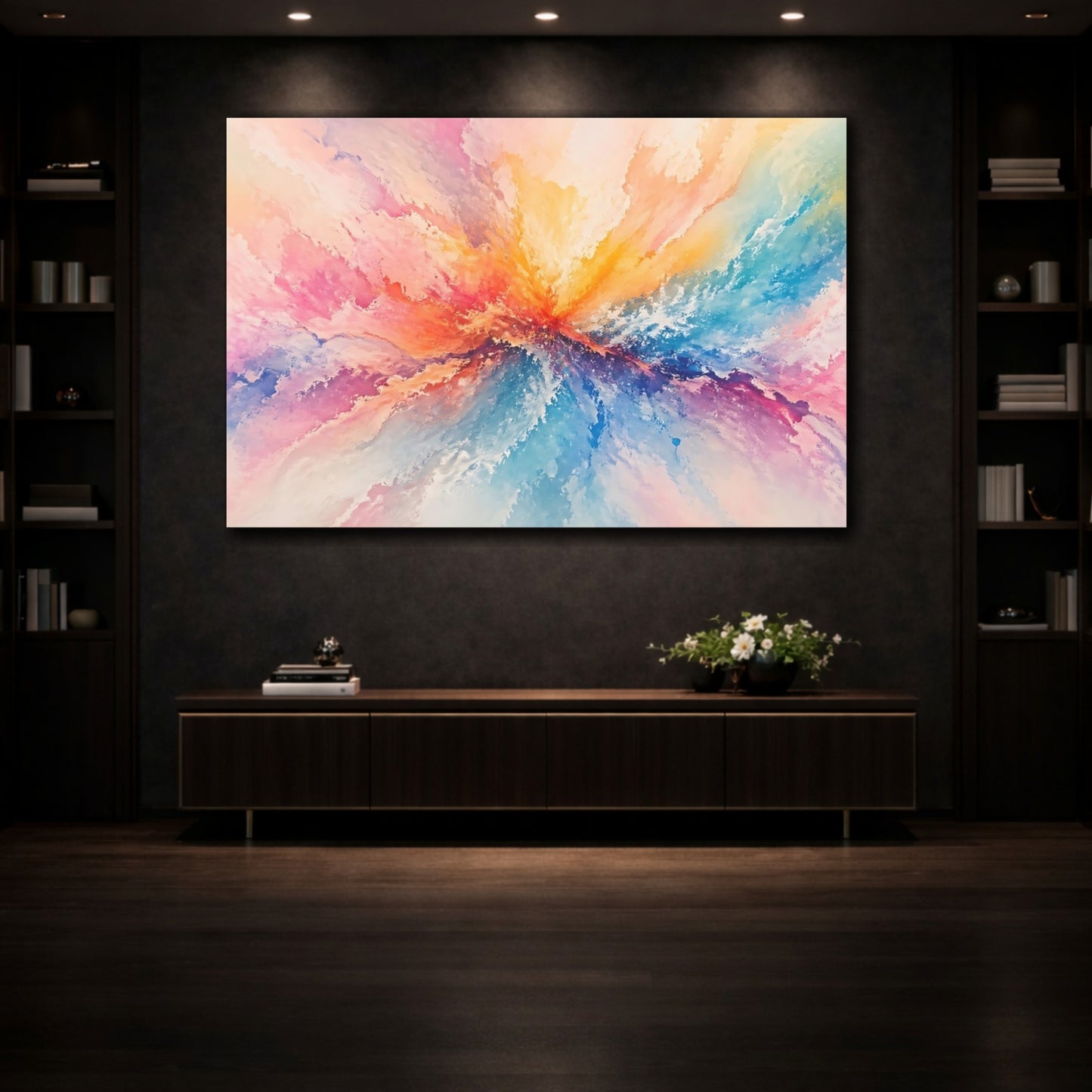 Mockup 3. Abstract Color Burst Colorful Abstract shown as stretched canvas wall art