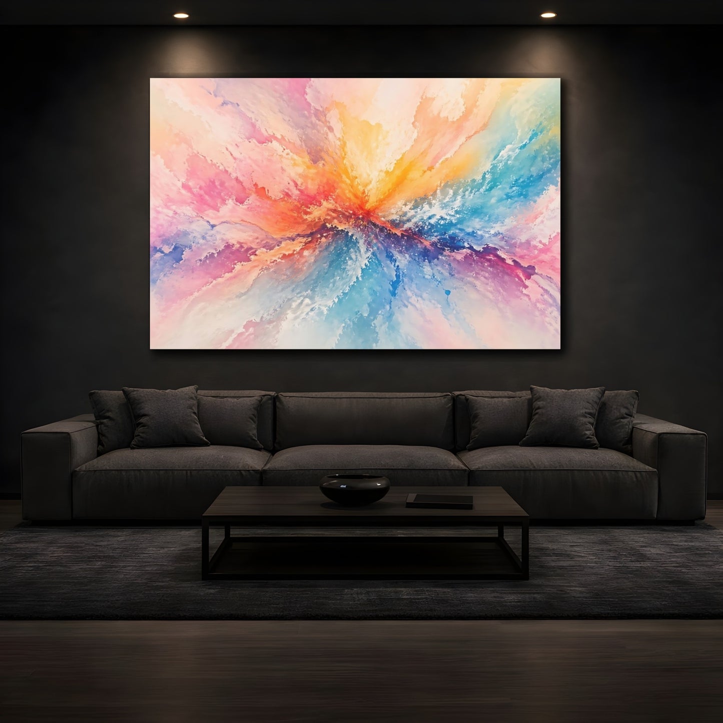 Mockup 4. Abstract Color Burst Colorful Abstract shown as stretched canvas wall art