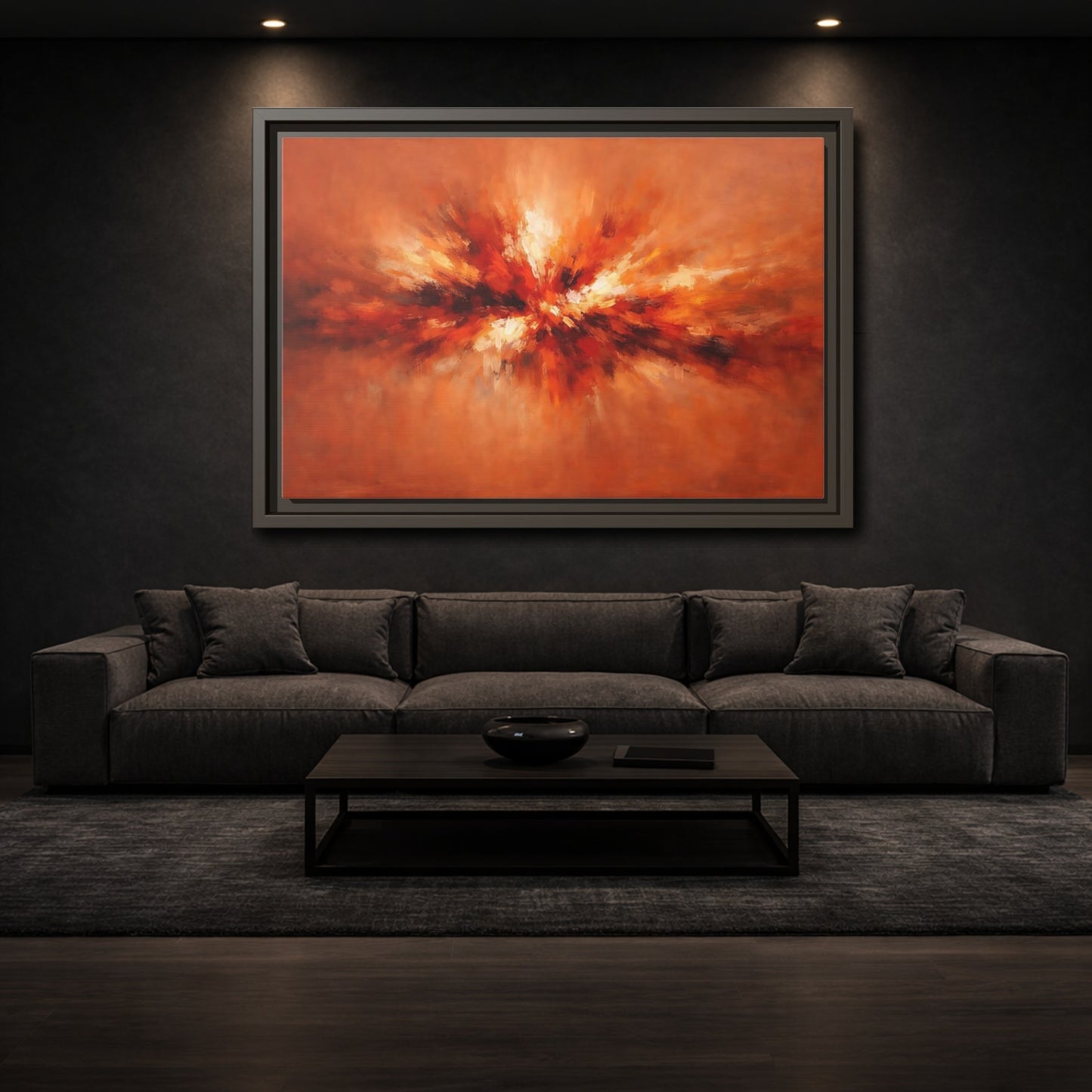 Mockup 2. Abstract Color Burst Orange Abstract shown as stretched canvas wall art