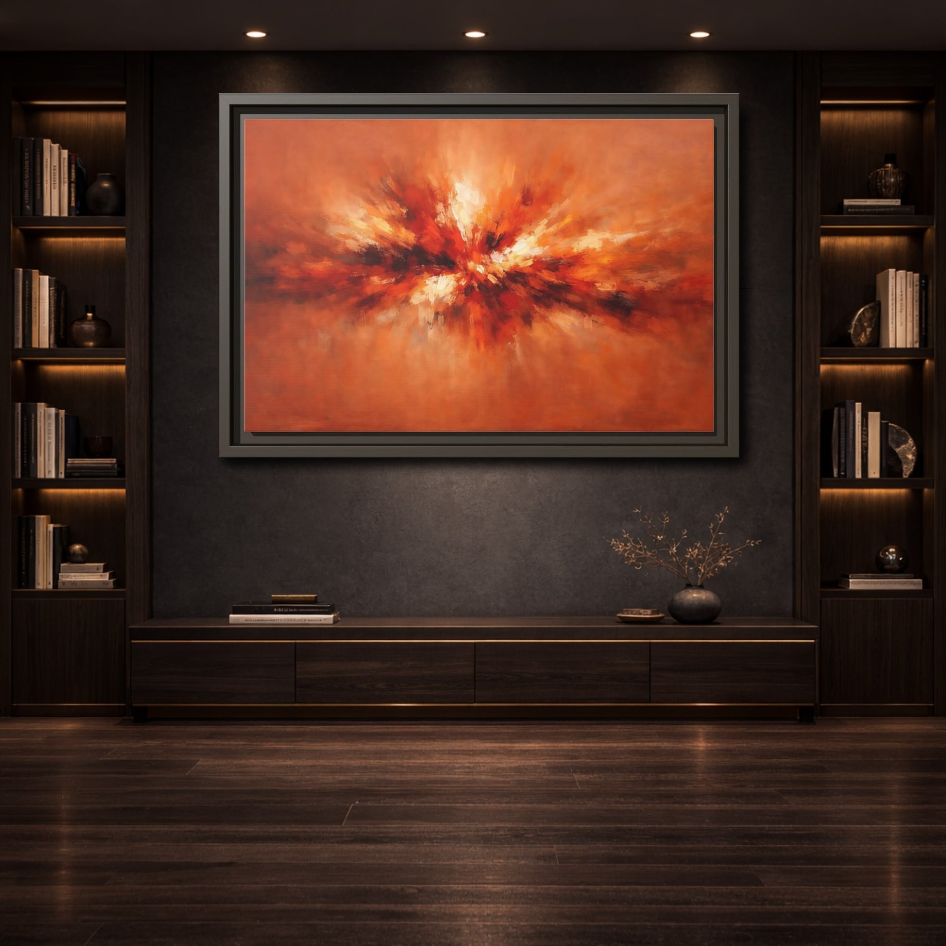 Mockup 3. Abstract Color Burst Orange Abstract shown as stretched canvas wall art