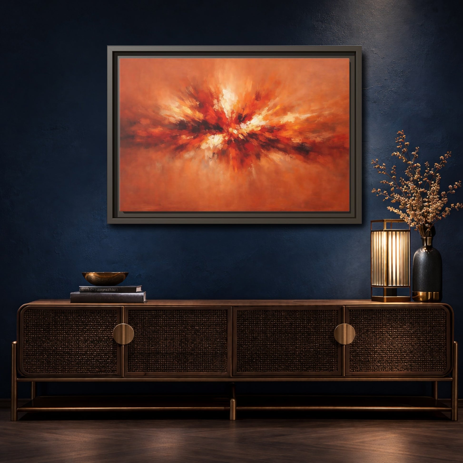 Mockup 4. Abstract Color Burst Orange Abstract shown as stretched canvas wall art