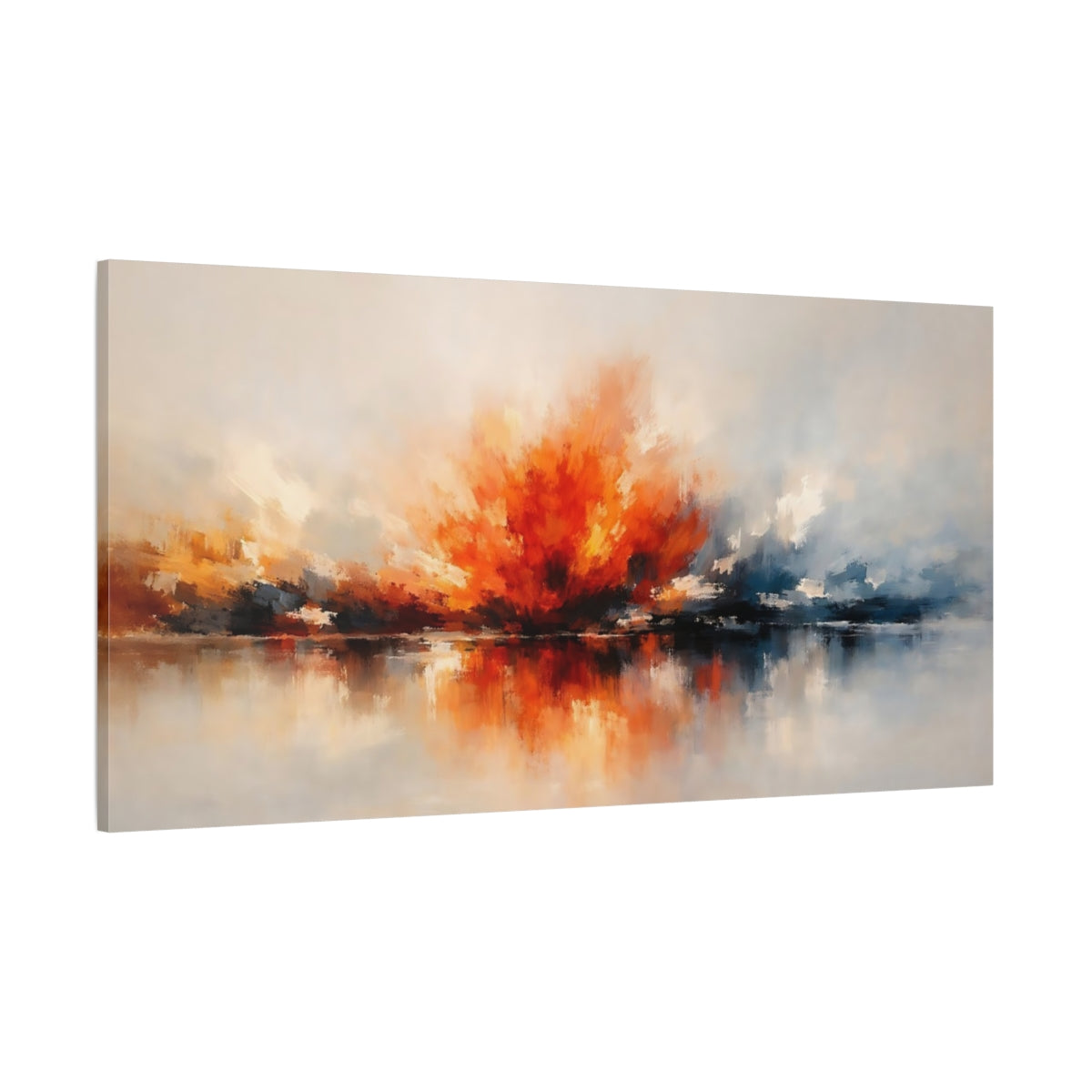 Main Mockup. Abstract Color Burst Orange And Blue Abstract shown as stretched canvas wall art
