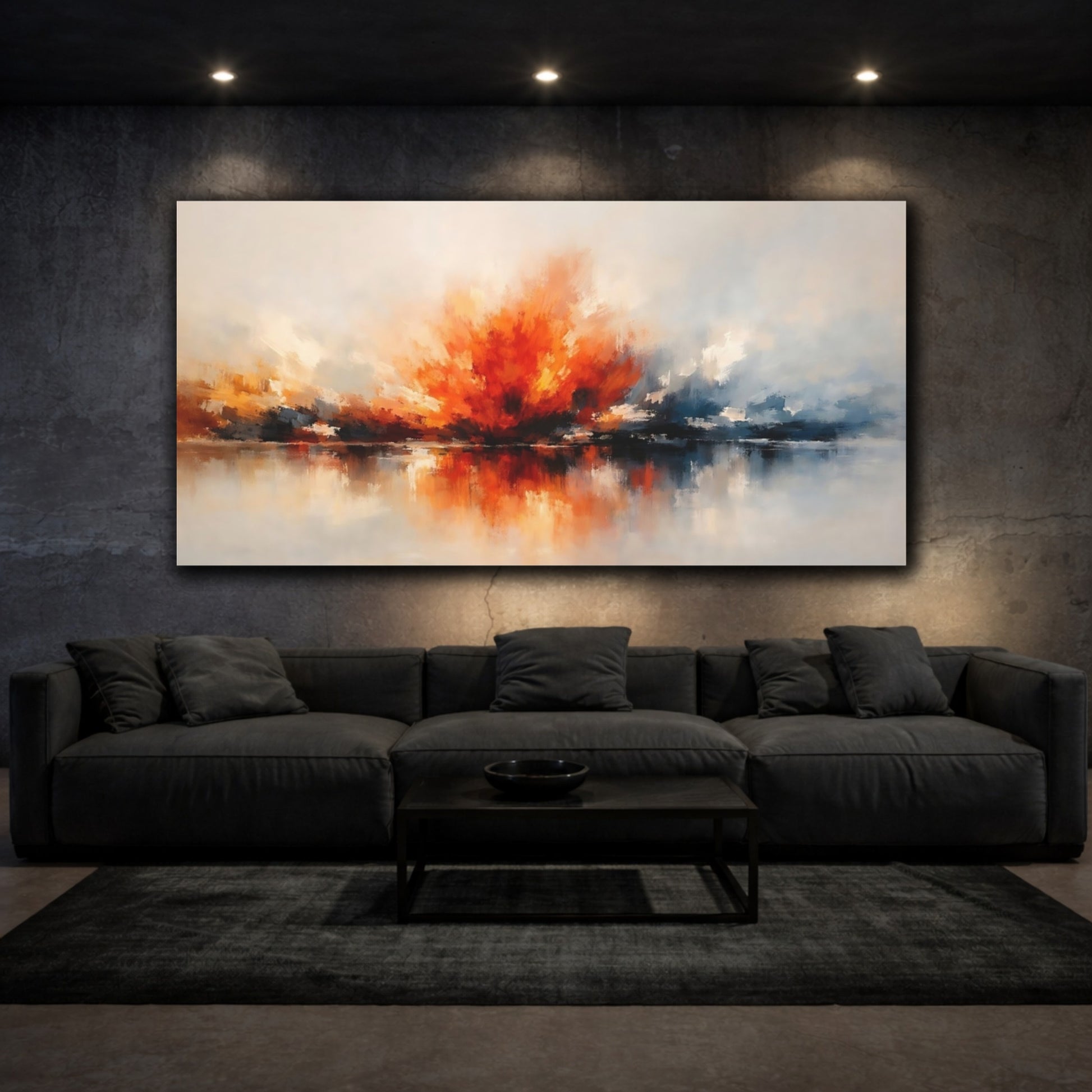 Mockup 2. Abstract Color Burst Orange And Blue Abstract shown as stretched canvas wall art