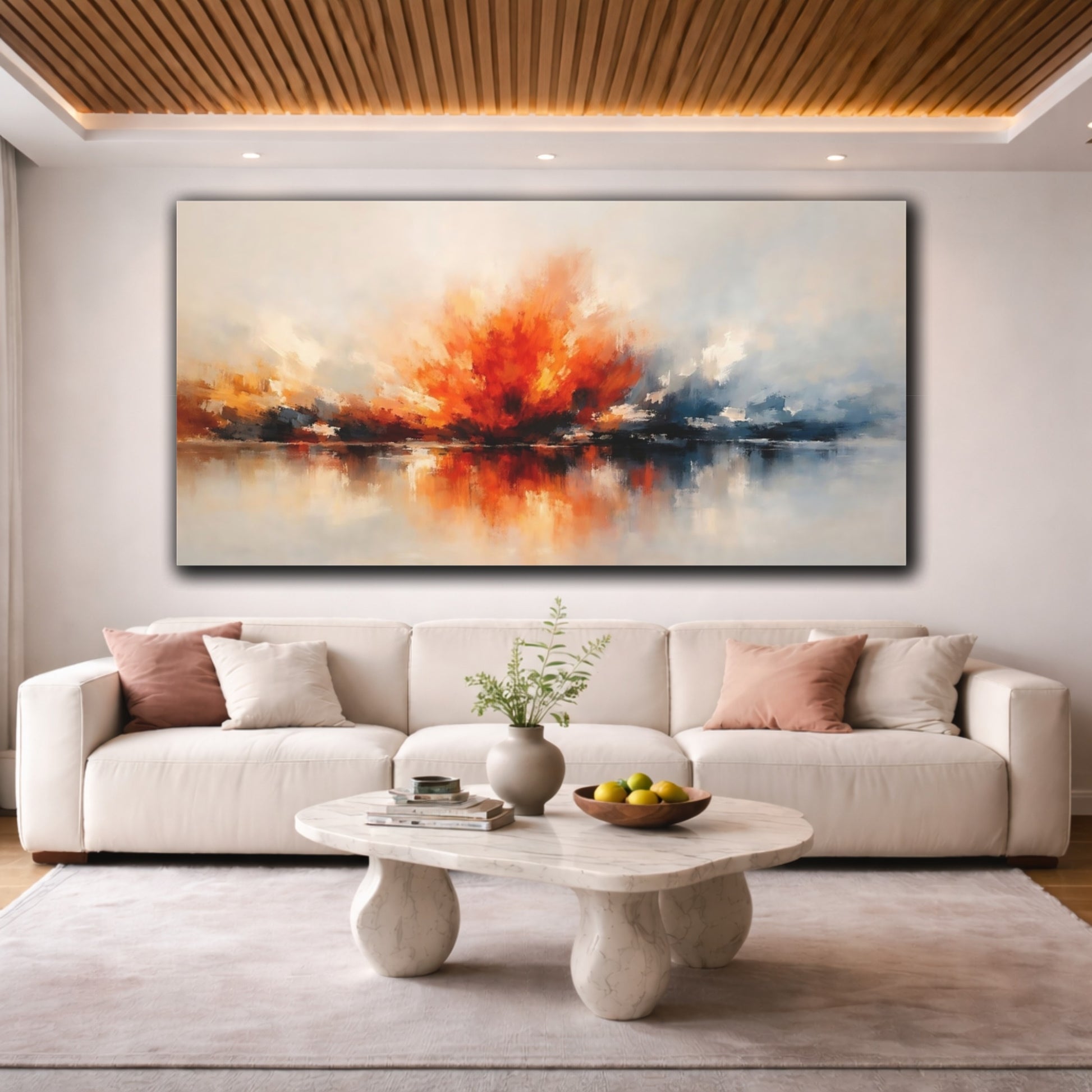 Mockup 3. Abstract Color Burst Orange And Blue Abstract shown as stretched canvas wall art