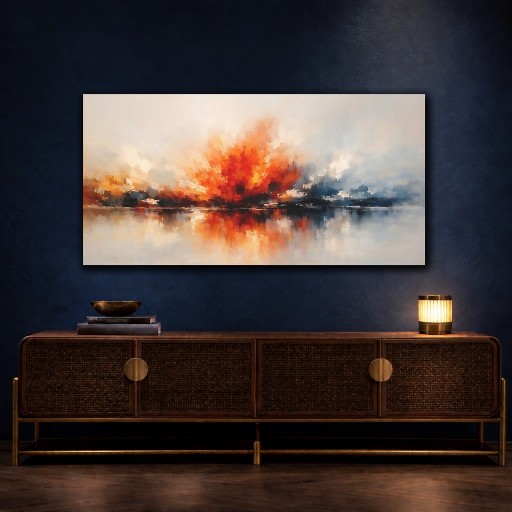 Mockup 4. Abstract Color Burst Orange And Blue Abstract shown as stretched canvas wall art