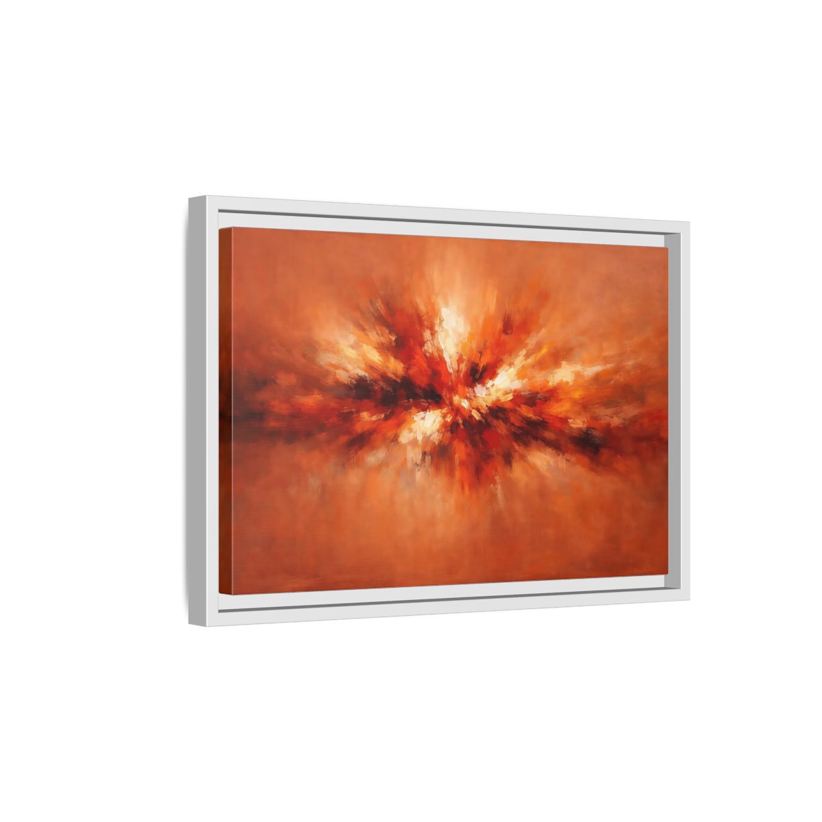 Side Mockup 4. Abstract Color Burst Orange Abstract shown as stretched canvas wall art
