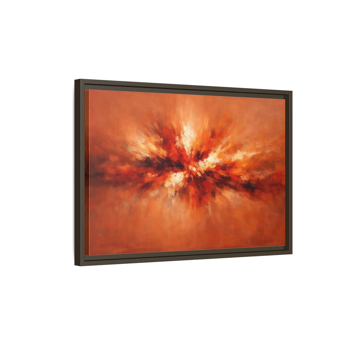 Side Mockup 2. Abstract Color Burst Orange Abstract shown as stretched canvas wall art