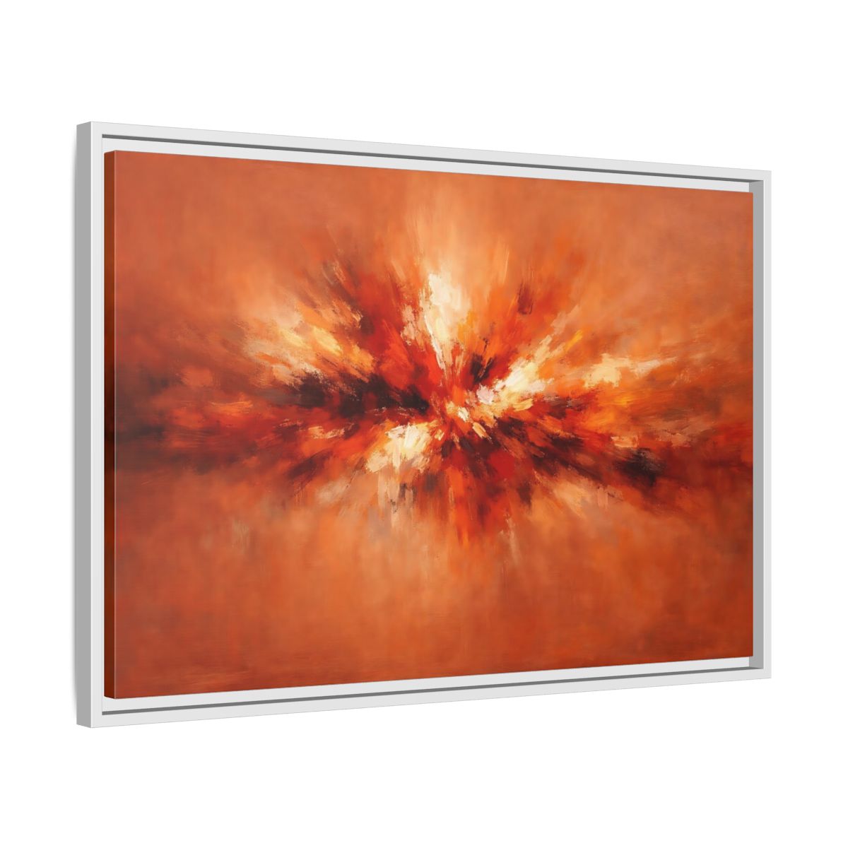 Side Mockup 10. Abstract Color Burst Orange Abstract shown as stretched canvas wall art