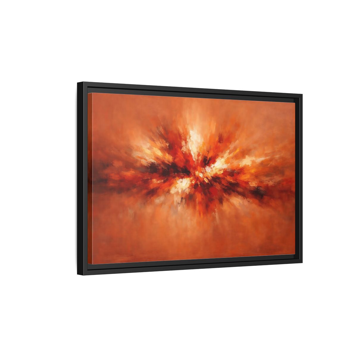 Side Mockup 3. Abstract Color Burst Orange Abstract shown as stretched canvas wall art