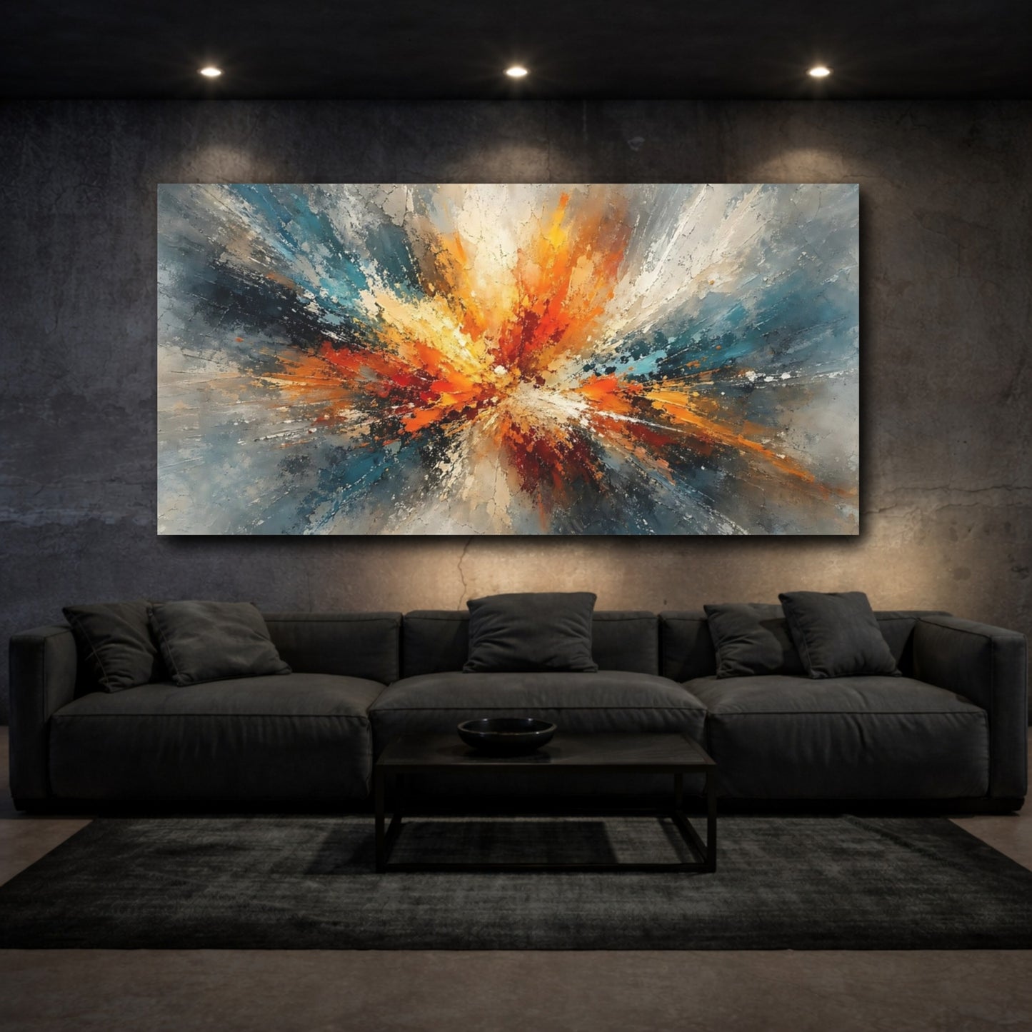 Mockup 2. Abstract Color Burst Orange Teal Abstract shown as stretched canvas wall art
