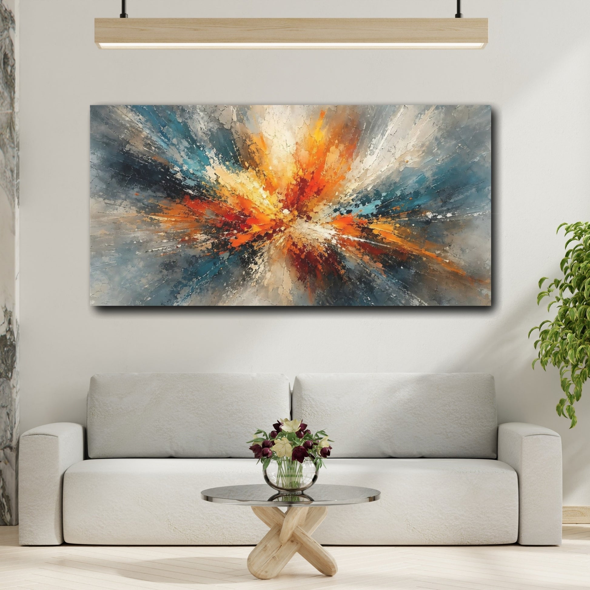 Mockup 3. Abstract Color Burst Orange Teal Abstract shown as stretched canvas wall art
