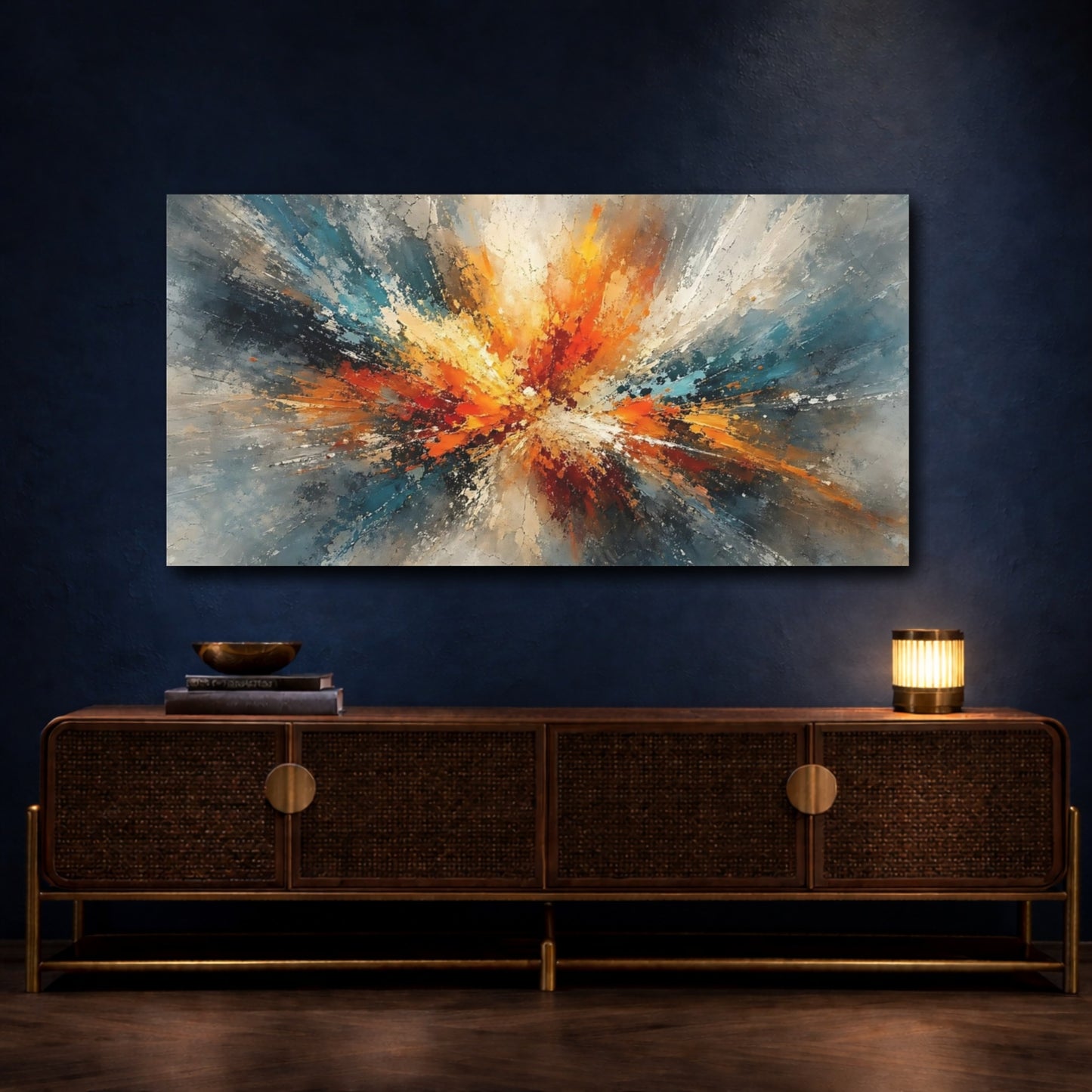 Mockup 4. Abstract Color Burst Orange Teal Abstract shown as stretched canvas wall art