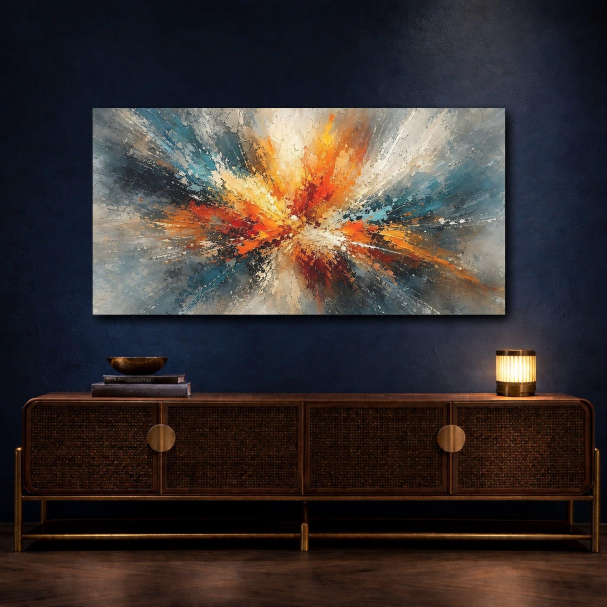 Mockup 4. Abstract Color Burst Orange Teal Abstract shown as stretched canvas wall art