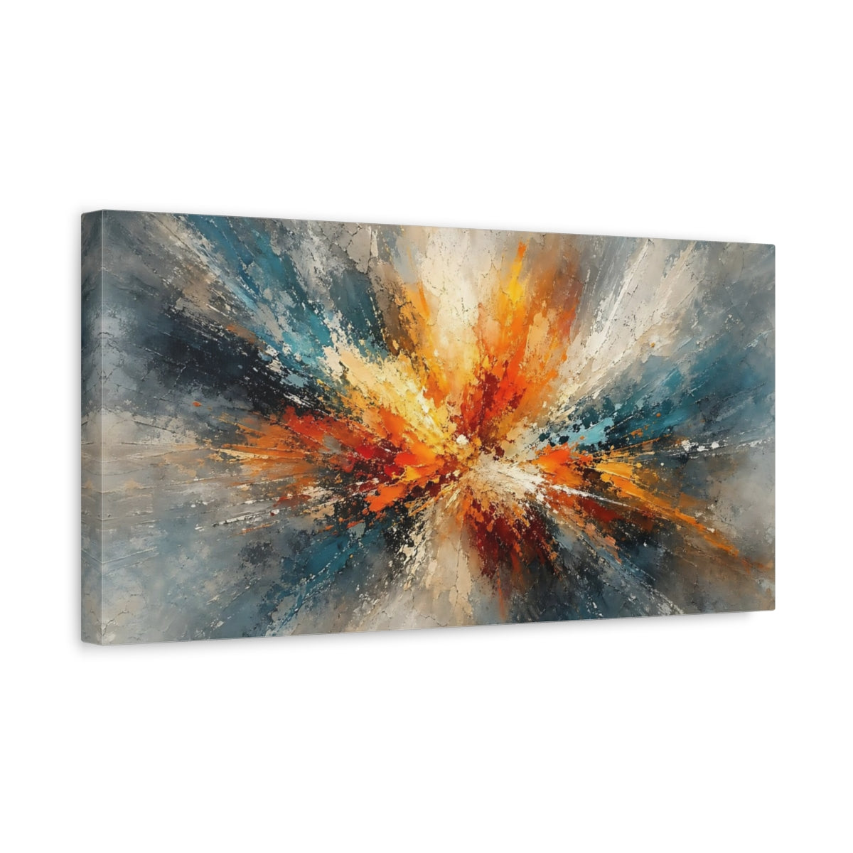 Side Mockup 3. Abstract Color Burst Orange Teal Abstract shown as stretched canvas wall art