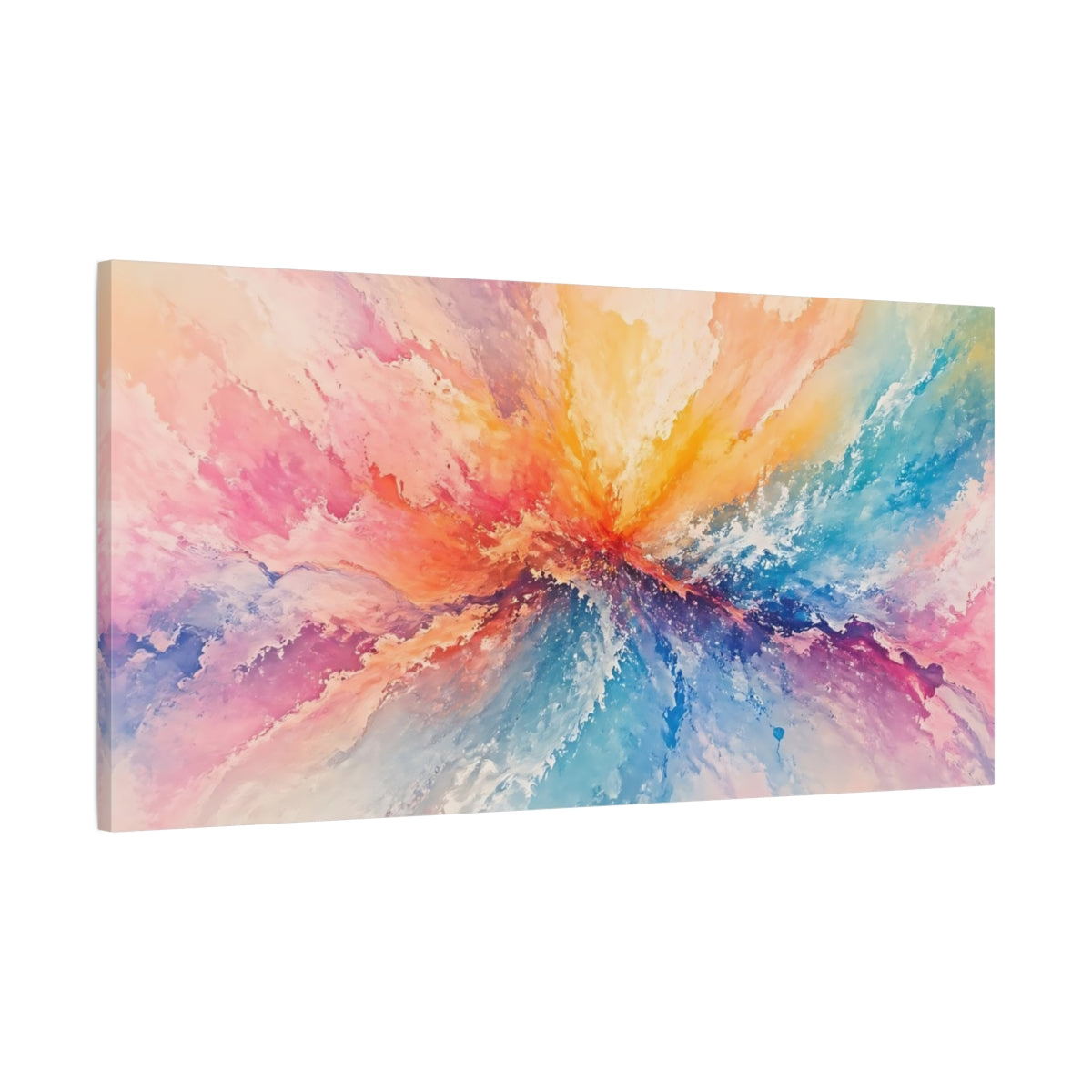 Main Mockup. Abstract Color Burst Pastel Rainbow shown as stretched canvas wall art