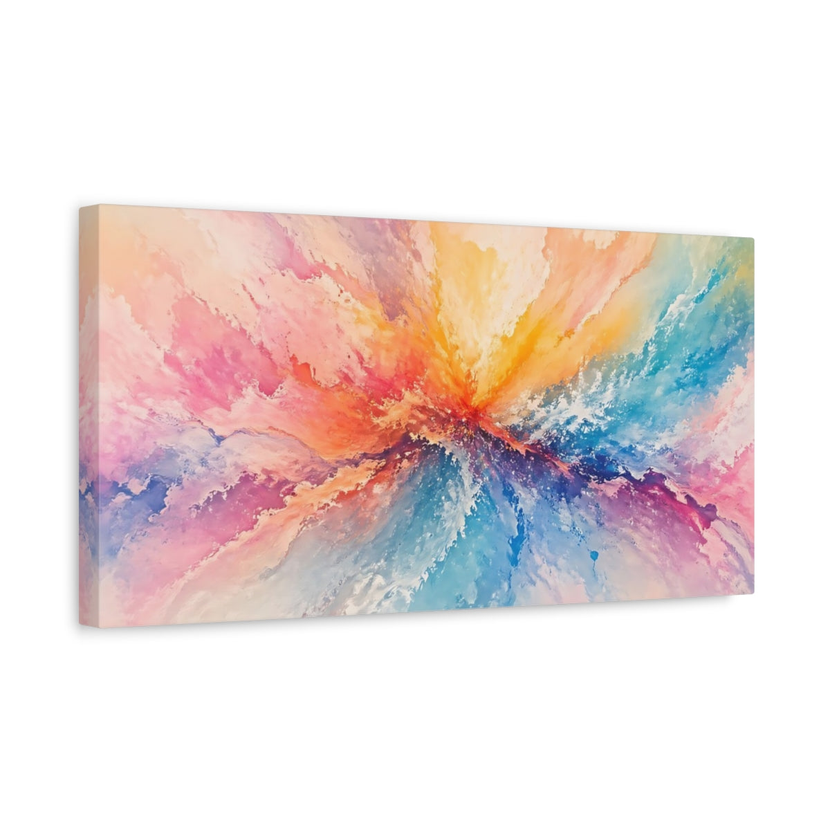 Side Mockup 3. Abstract Color Burst Pastel Rainbow shown as stretched canvas wall art