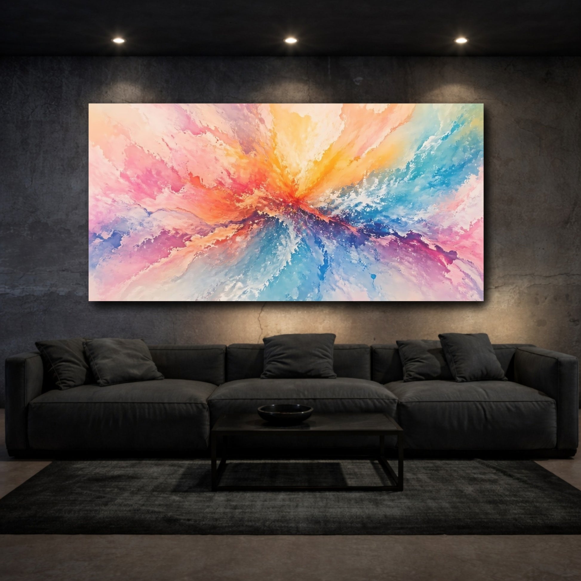Mockup 2. Abstract Color Burst Pastel Rainbow shown as stretched canvas wall art