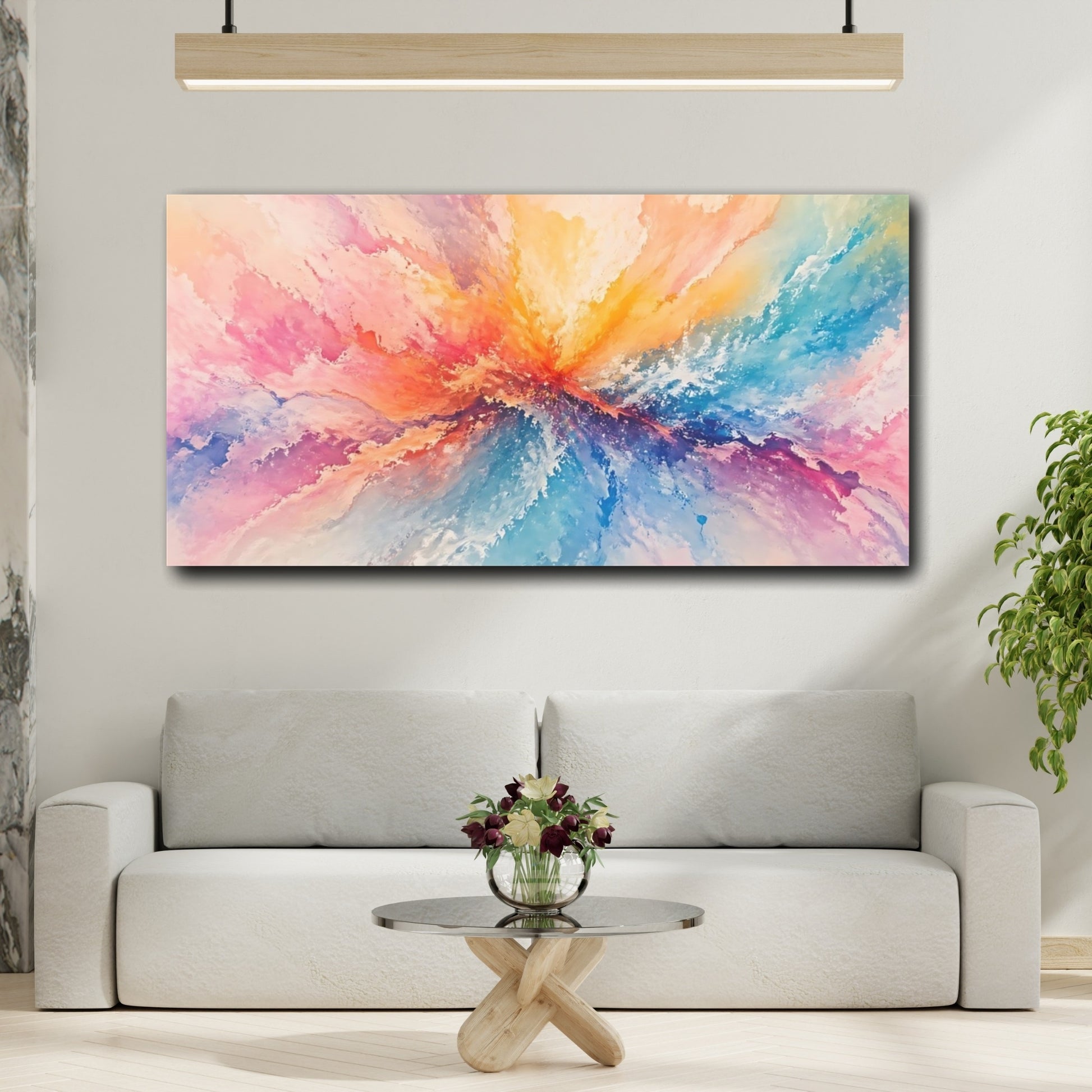 Mockup 3. Abstract Color Burst Pastel Rainbow shown as stretched canvas wall art