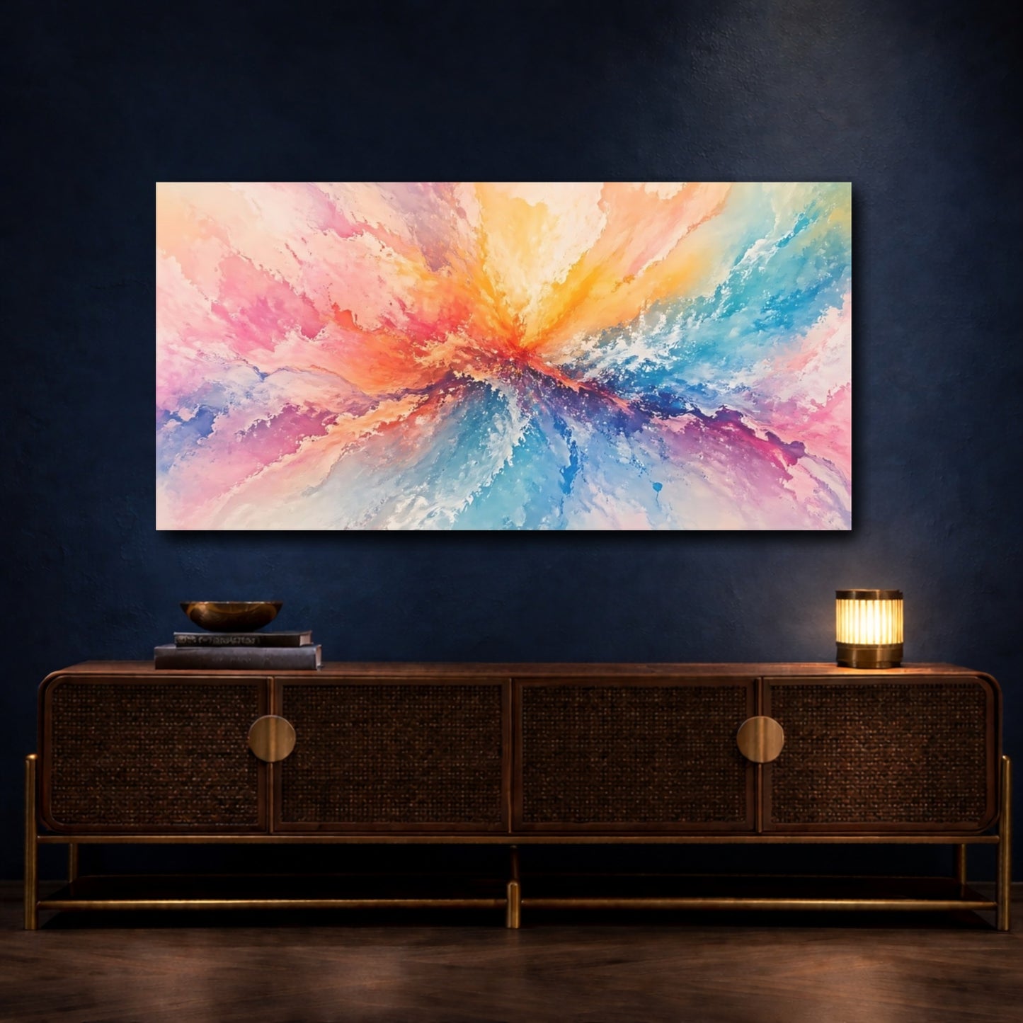 Mockup 4. Abstract Color Burst Pastel Rainbow shown as stretched canvas wall art