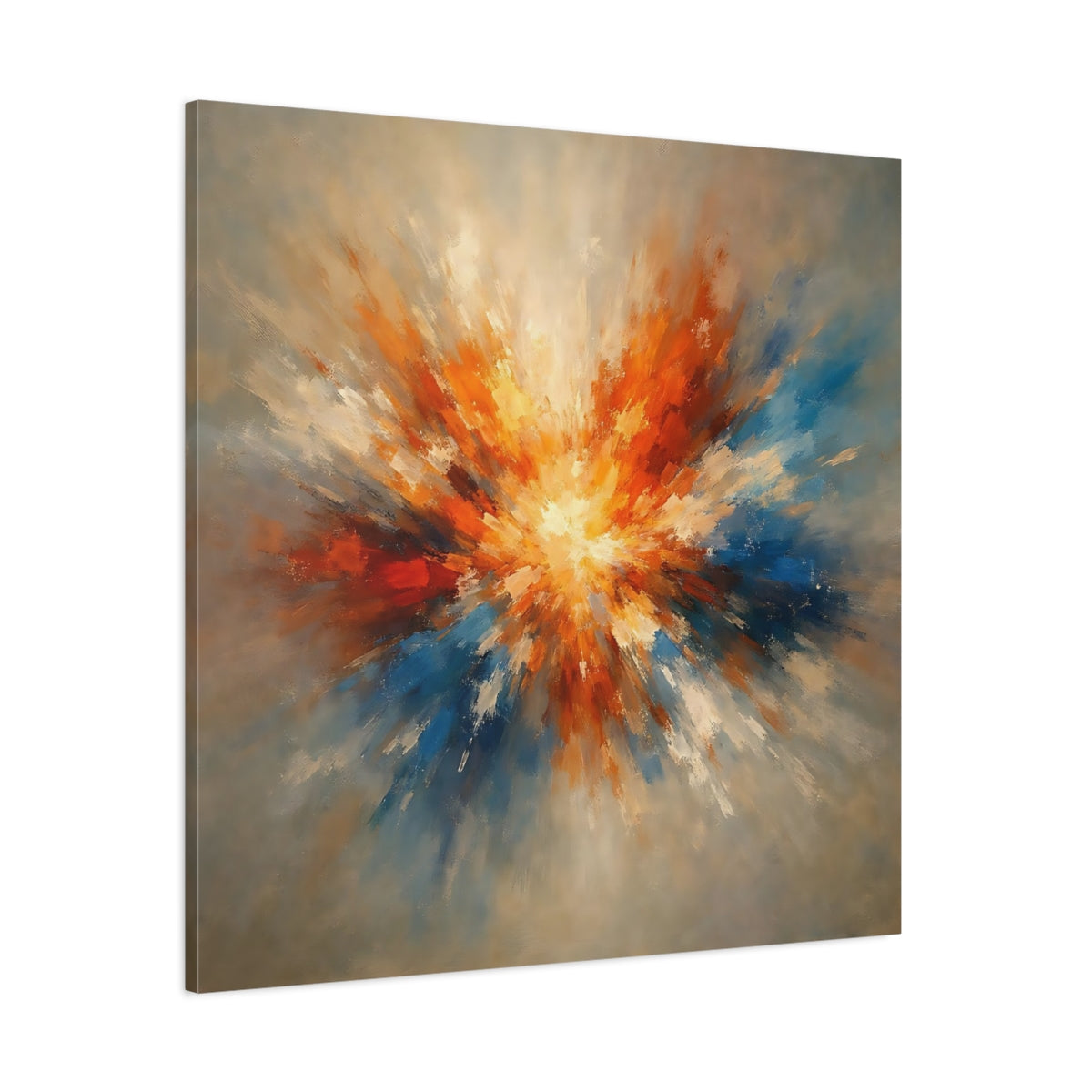 Main Mockup. Abstract Color Explosion Orange And Blue Explosion shown as stretched canvas wall art