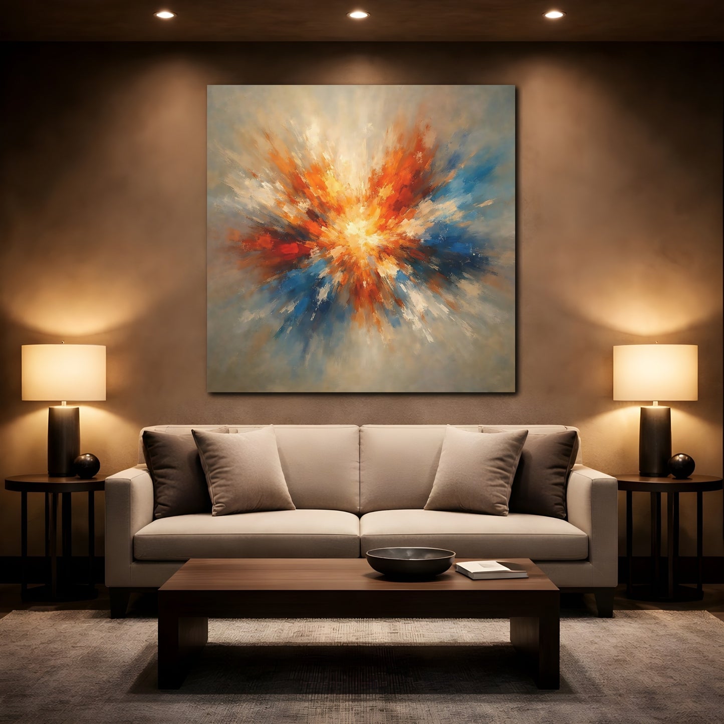 Mockup 2. Abstract Color Explosion Orange And Blue Explosion shown as stretched canvas wall art