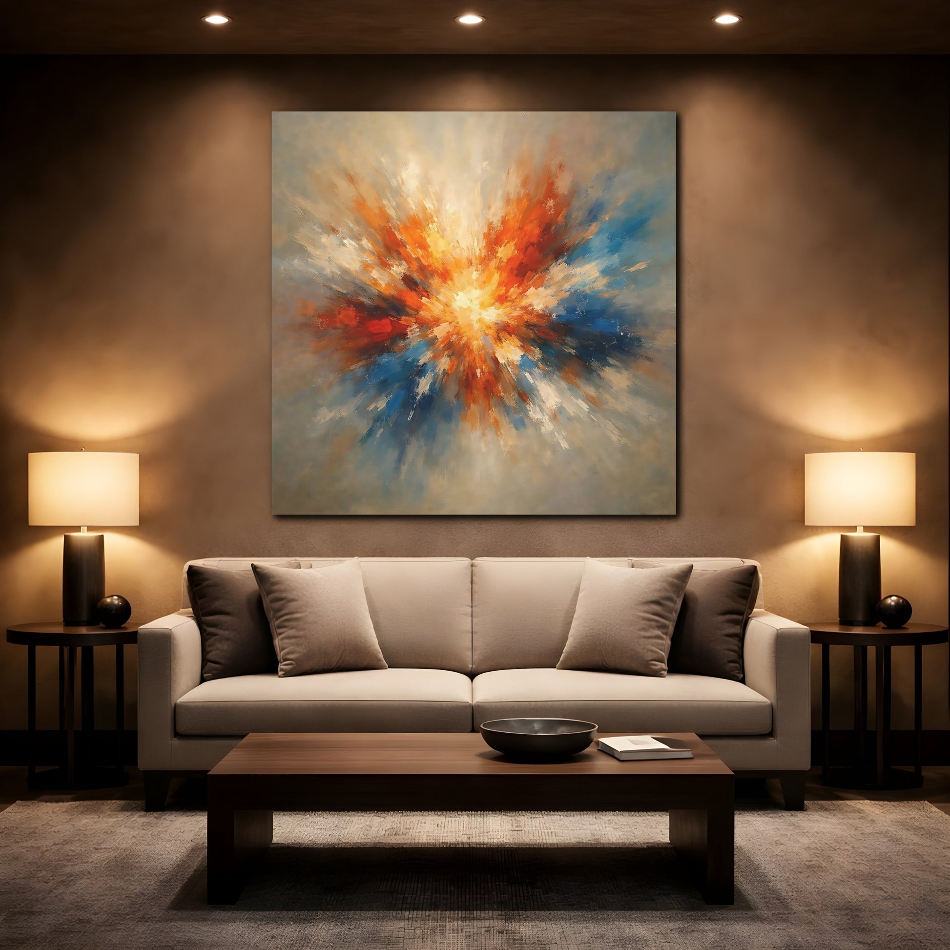 Mockup 2. Abstract Color Explosion Orange And Blue Explosion shown as stretched canvas wall art