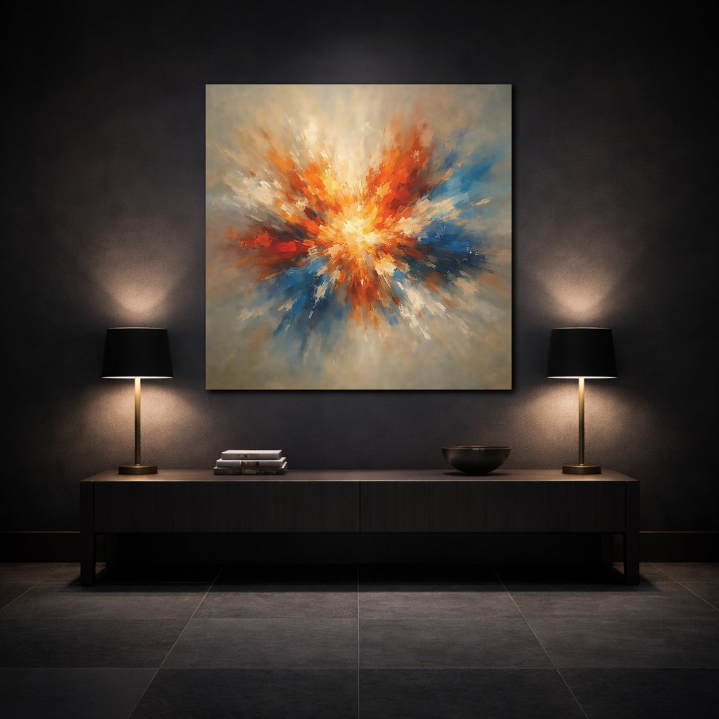 Mockup 3. Abstract Color Explosion Orange And Blue Explosion shown as stretched canvas wall art