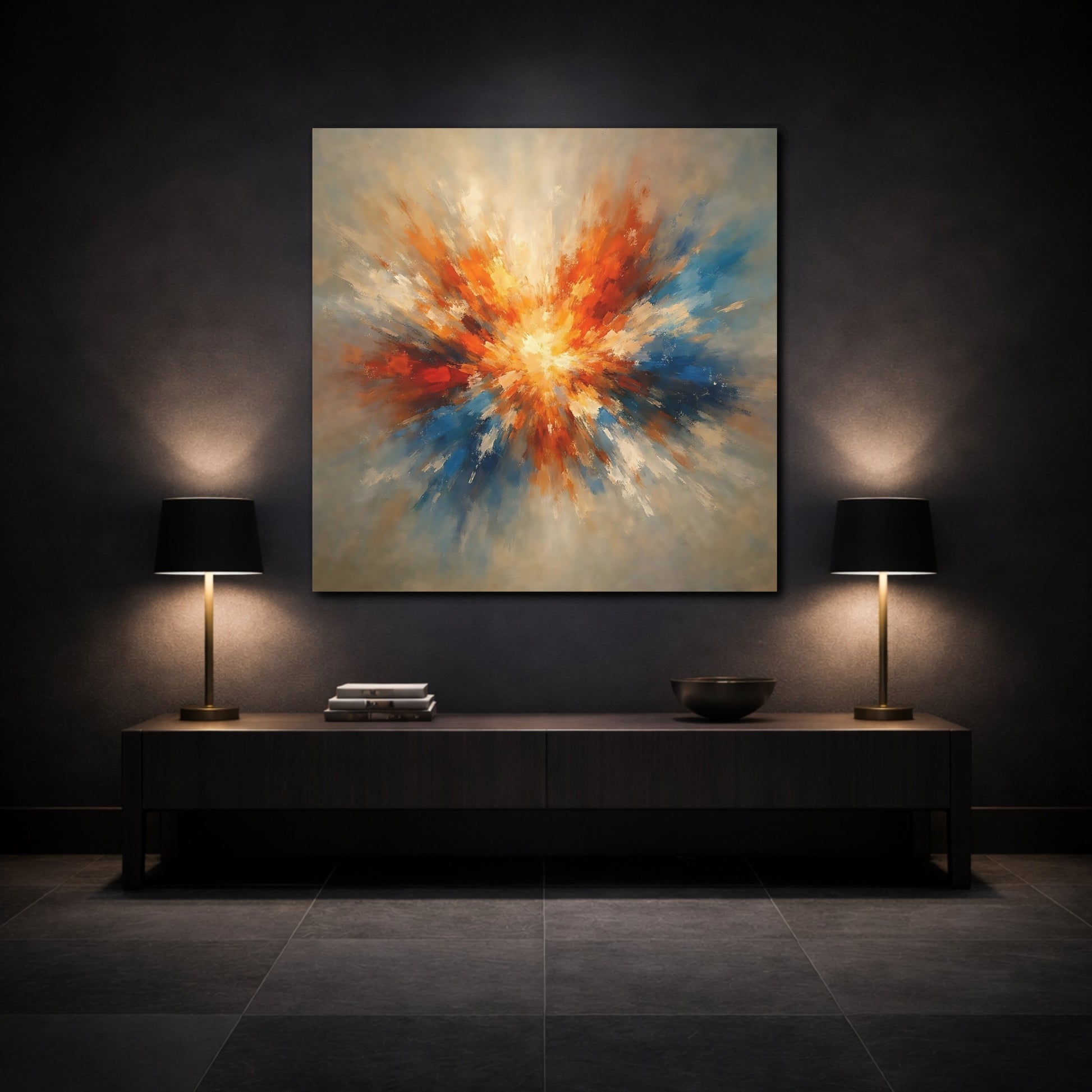 Mockup 3. Abstract Color Explosion Orange And Blue Explosion shown as stretched canvas wall art