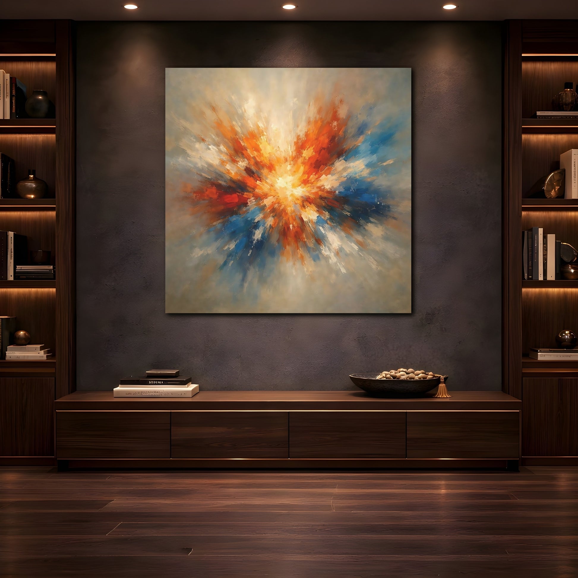 Mockup 4. Abstract Color Explosion Orange And Blue Explosion shown as stretched canvas wall art