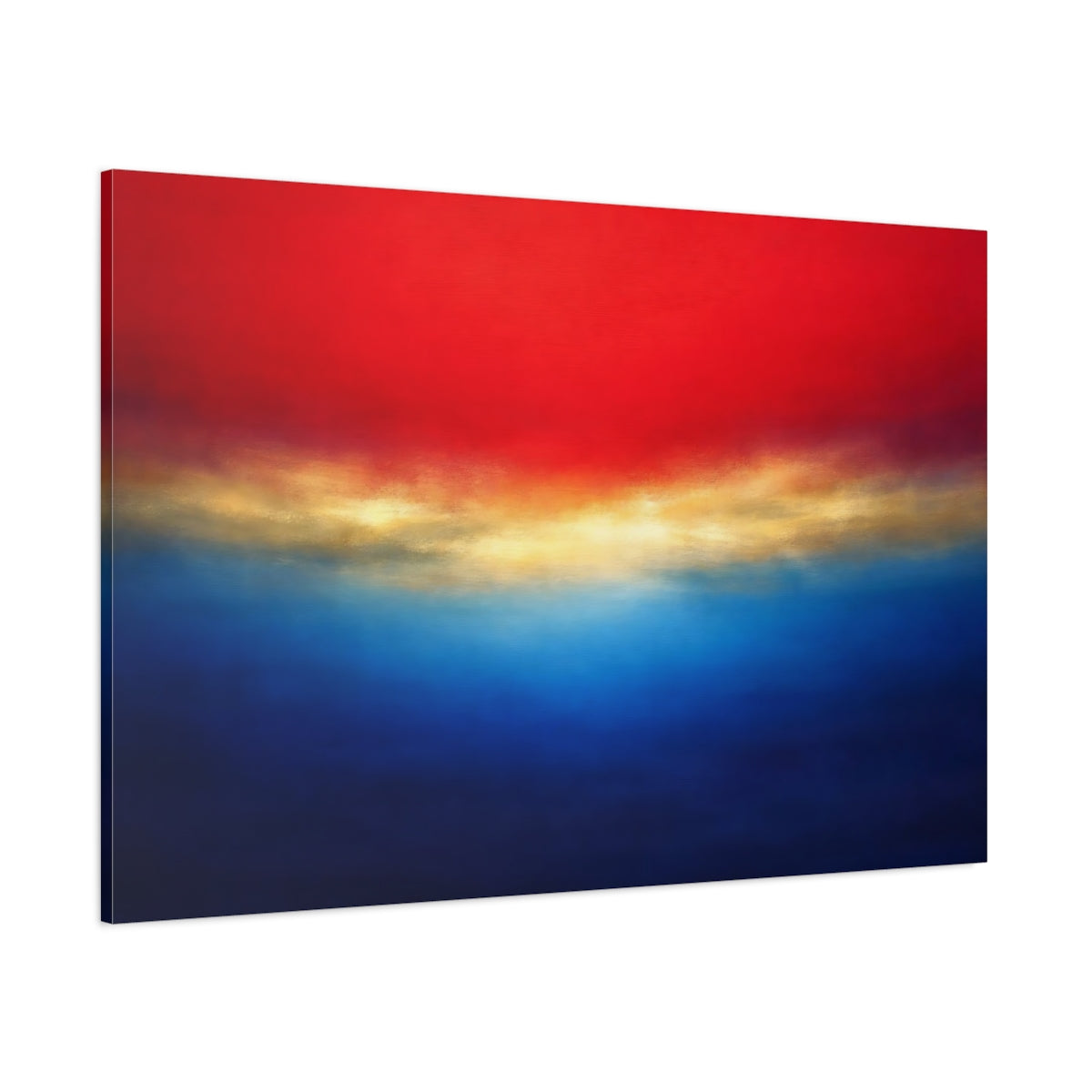 Main Mockup. Abstract Color Field Red Blue Gold shown as stretched canvas wall art