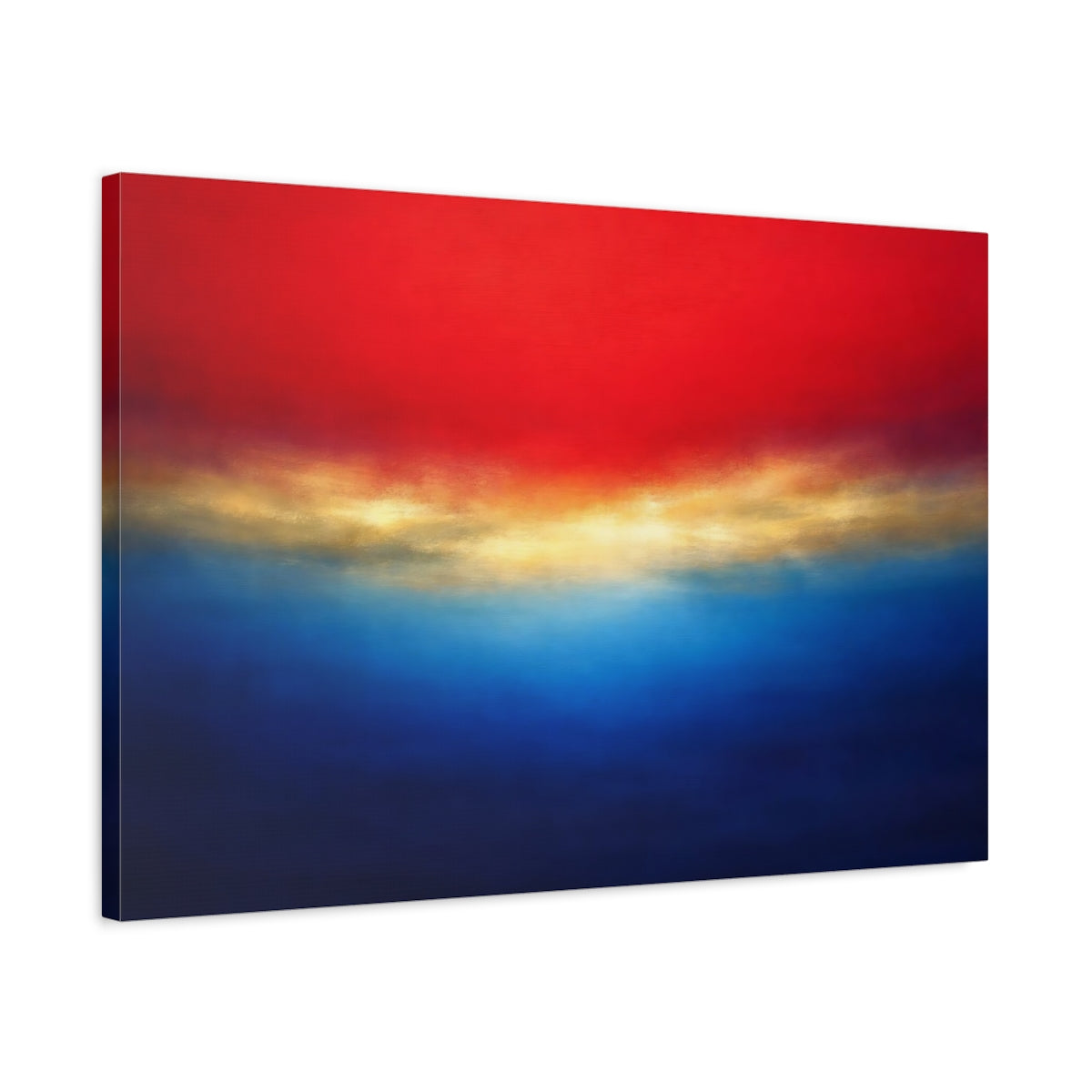 Side Mockup 2. Abstract Color Field Red Blue Gold shown as stretched canvas wall art