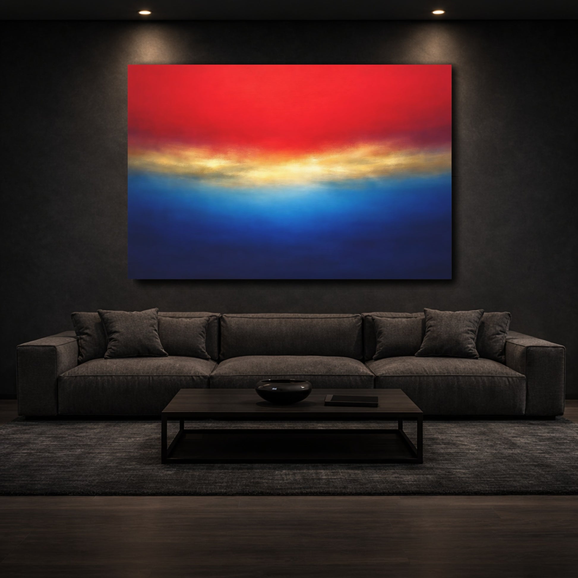 Mockup 2. Abstract Color Field Red Blue Gold shown as stretched canvas wall art