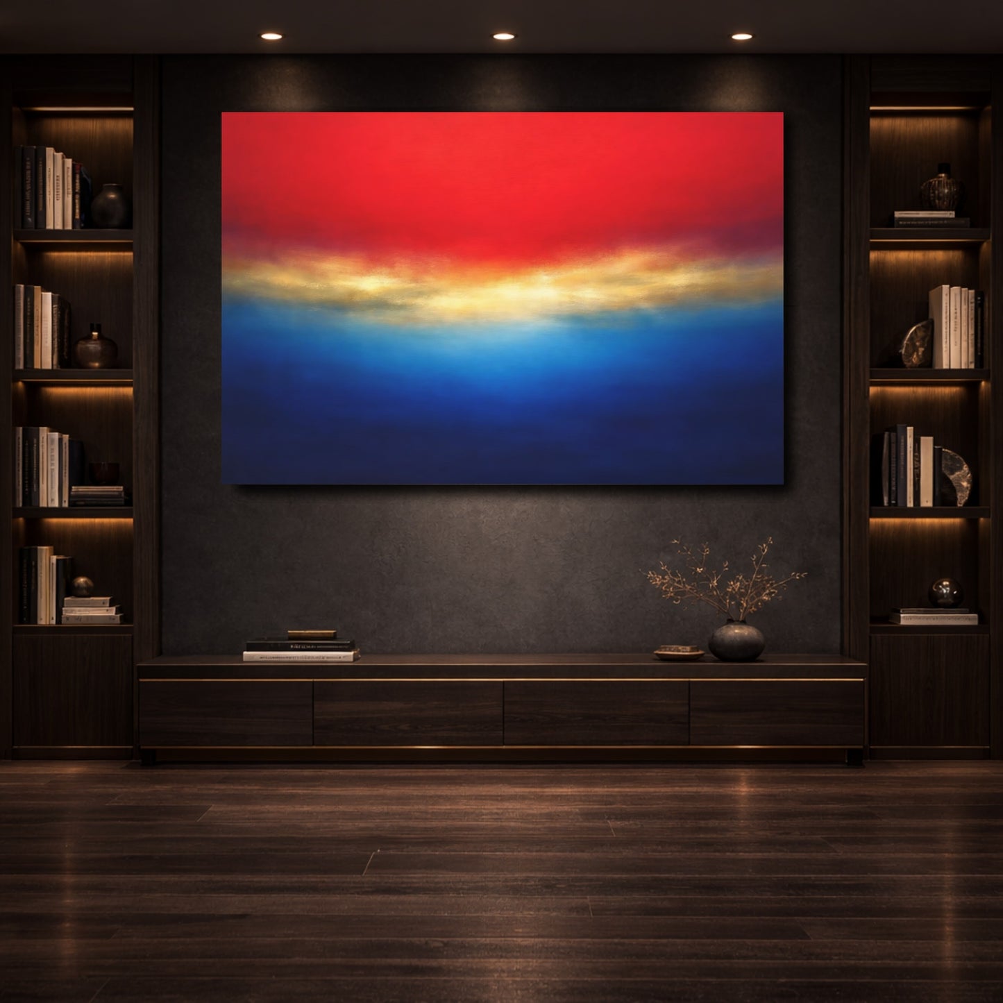 Mockup 3. Abstract Color Field Red Blue Gold shown as stretched canvas wall art