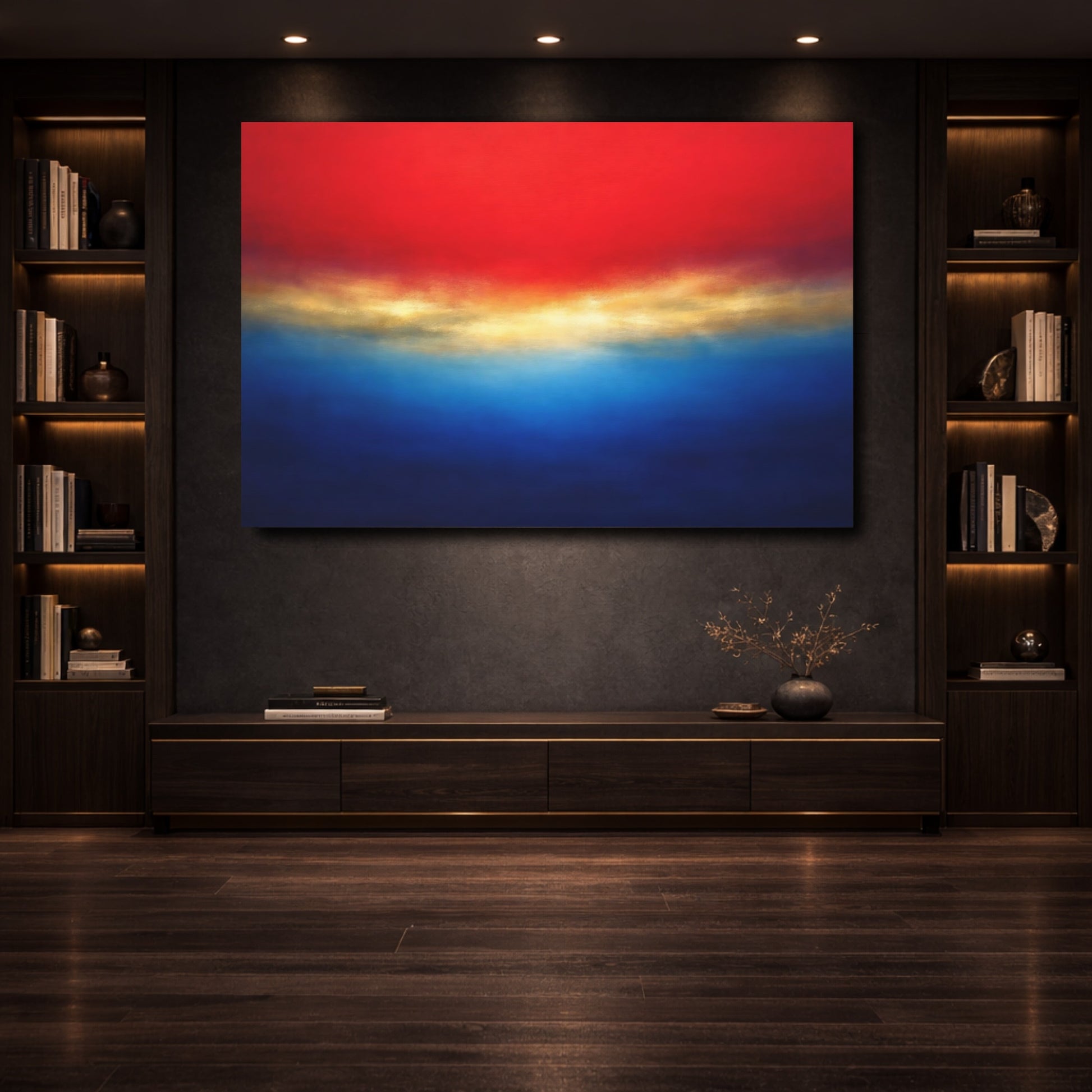 Mockup 3. Abstract Color Field Red Blue Gold shown as stretched canvas wall art