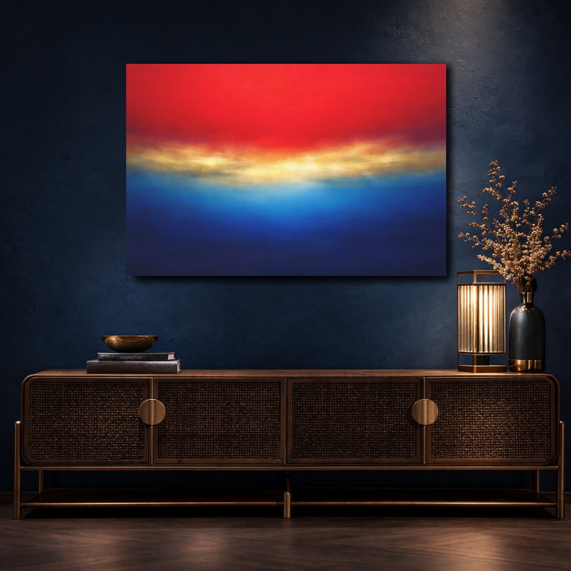 Mockup 4. Abstract Color Field Red Blue Gold shown as stretched canvas wall art