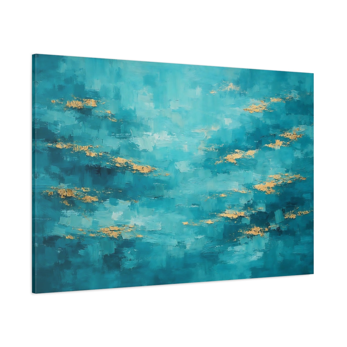 Main Mockup. Abstract Color Field Teal And Gold shown as stretched canvas wall art
