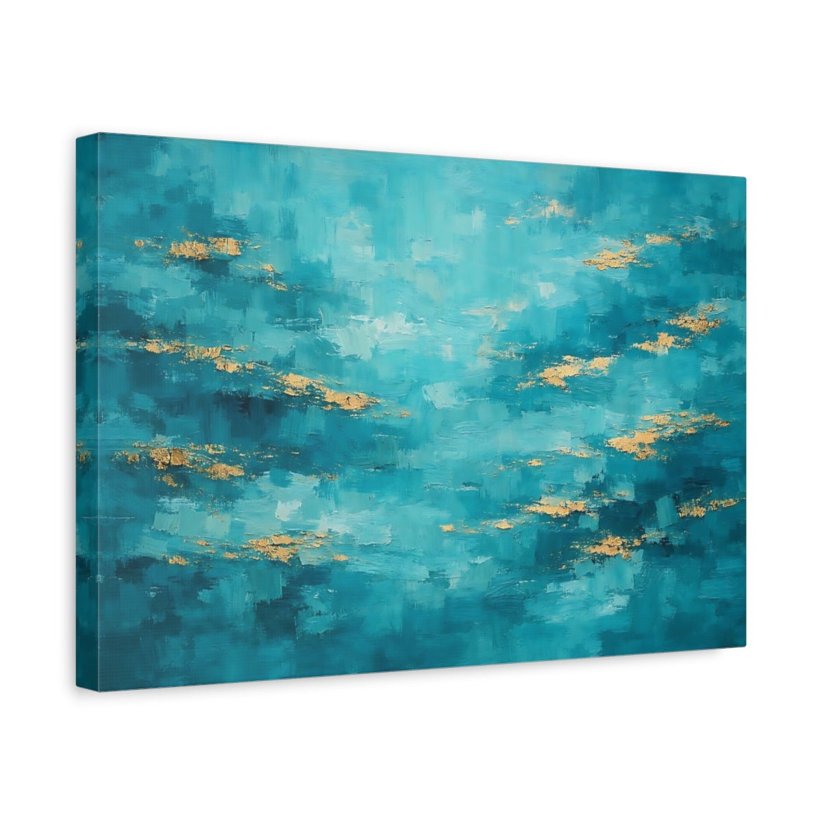Side Mockup 4. Abstract Color Field Teal And Gold shown as stretched canvas wall art