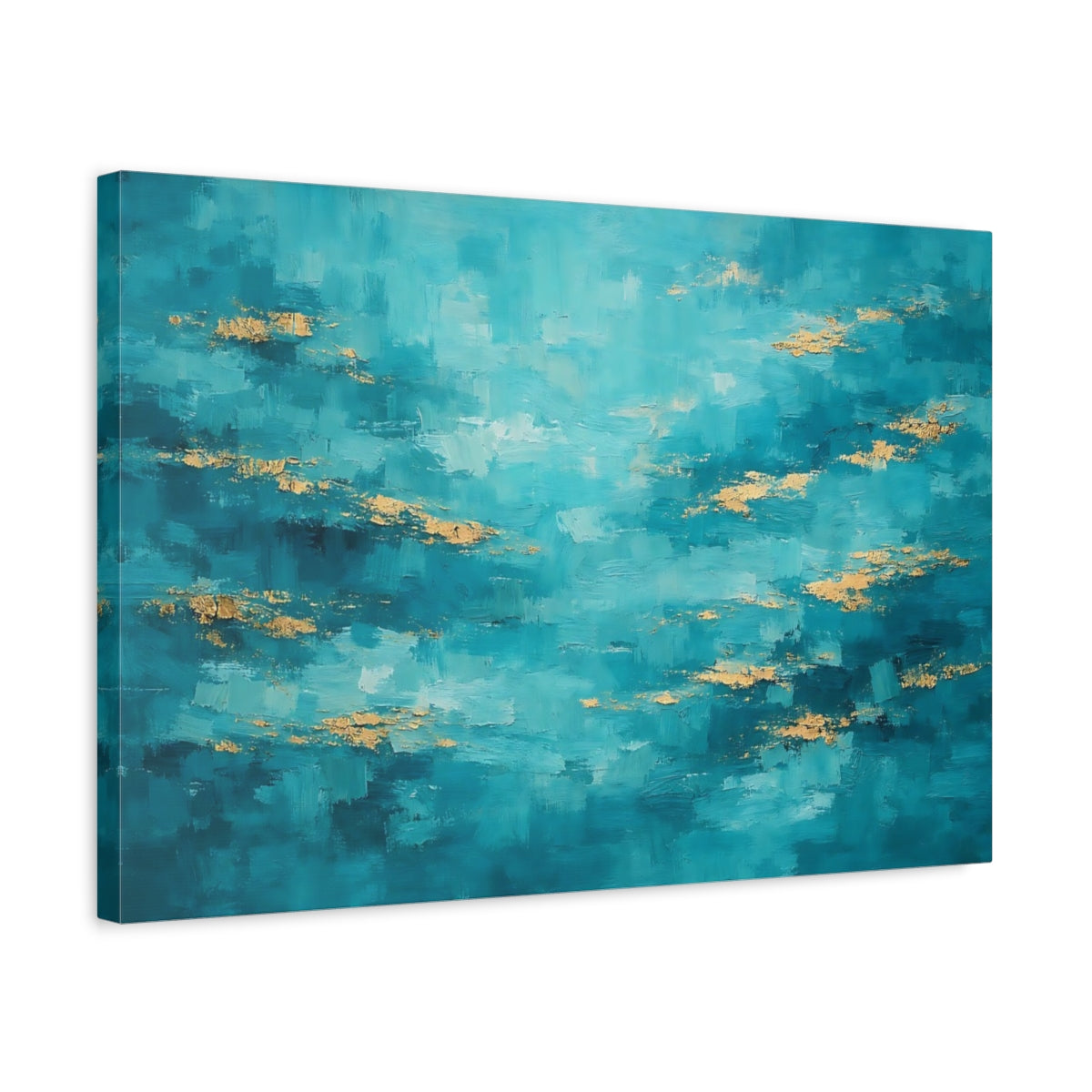 Side Mockup 3. Abstract Color Field Teal And Gold shown as stretched canvas wall art