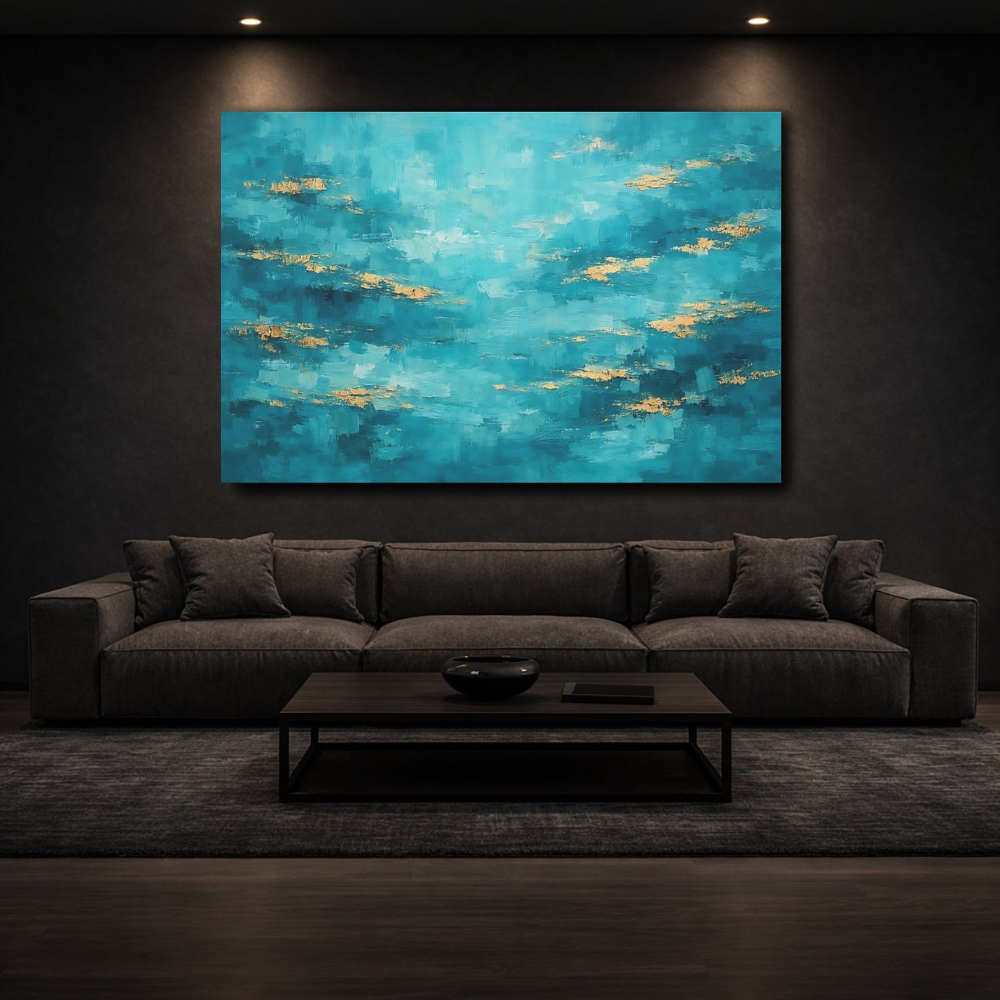 Mockup 2. Abstract Color Field Teal And Gold shown as stretched canvas wall art