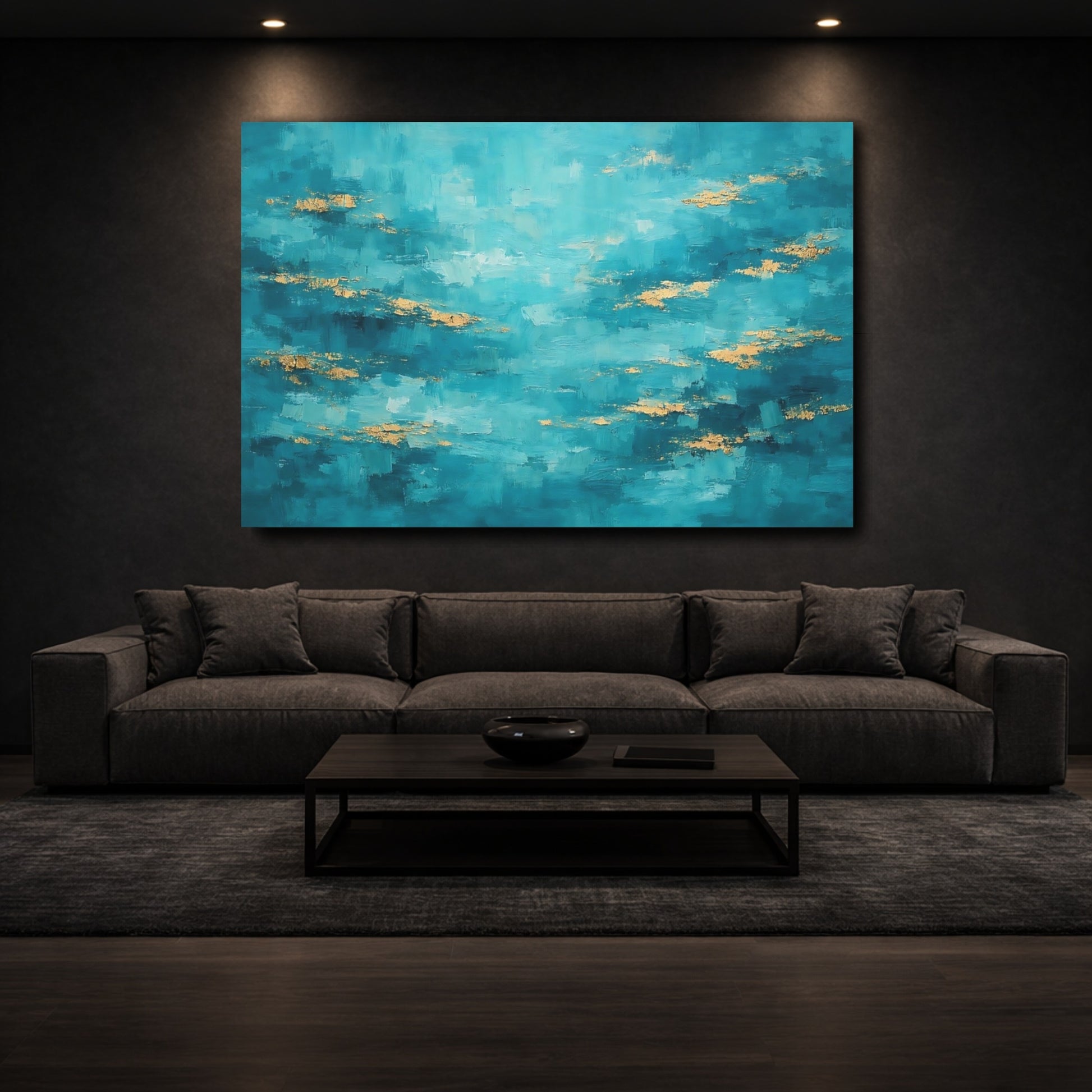 Mockup 2. Abstract Color Field Teal And Gold shown as stretched canvas wall art