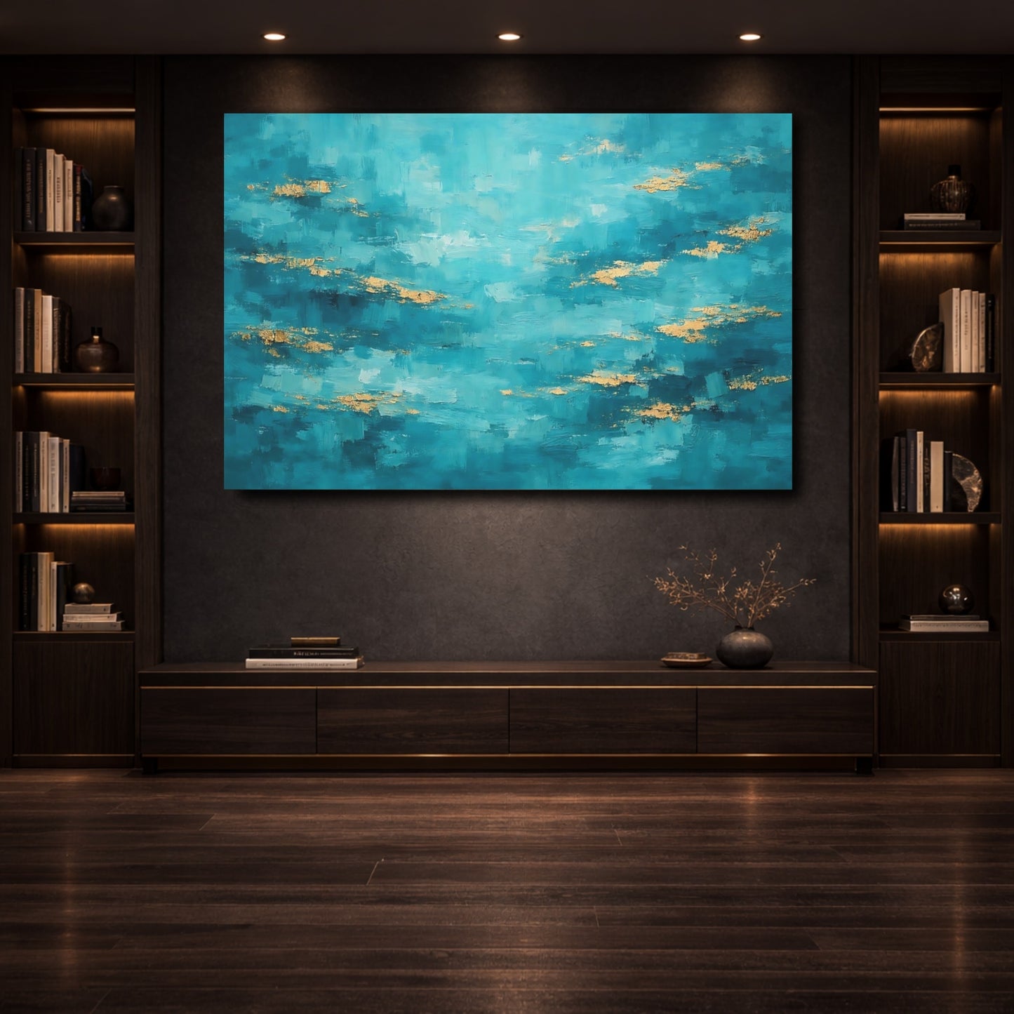Mockup 3. Abstract Color Field Teal And Gold shown as stretched canvas wall art