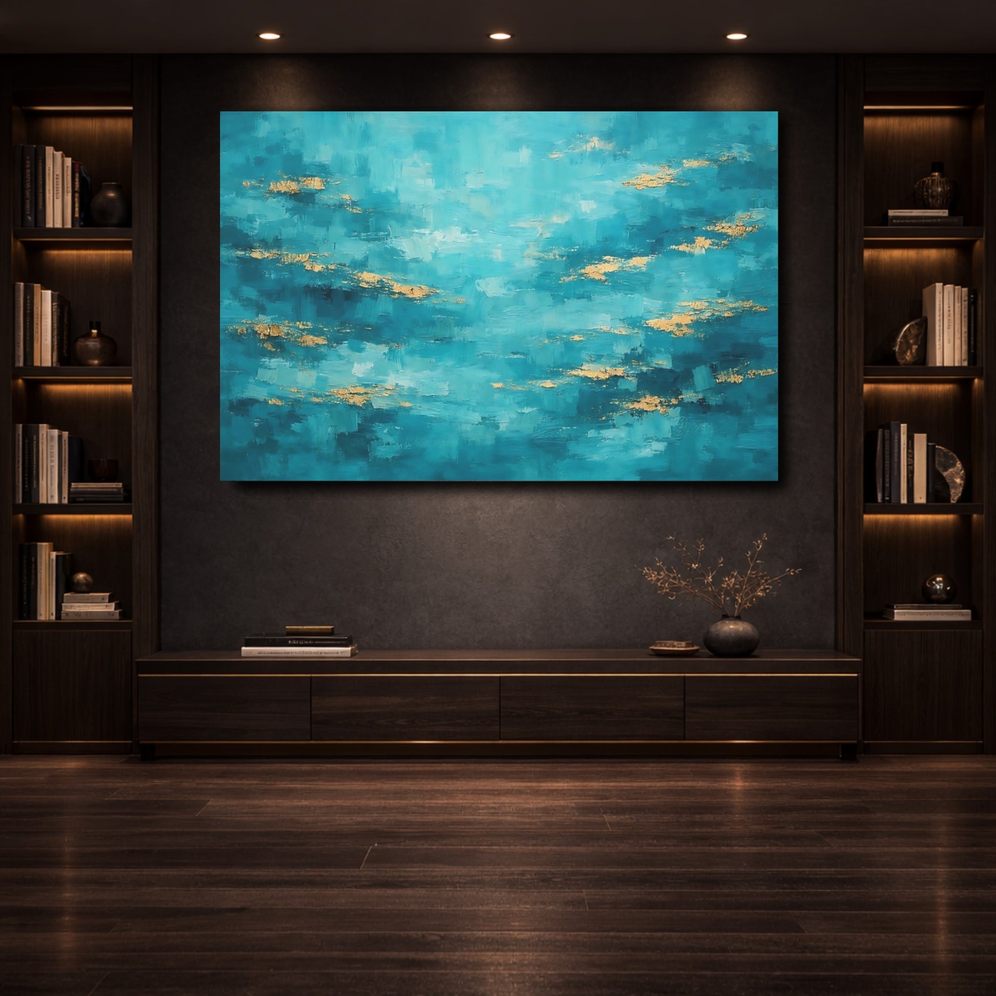 Mockup 3. Abstract Color Field Teal And Gold shown as stretched canvas wall art