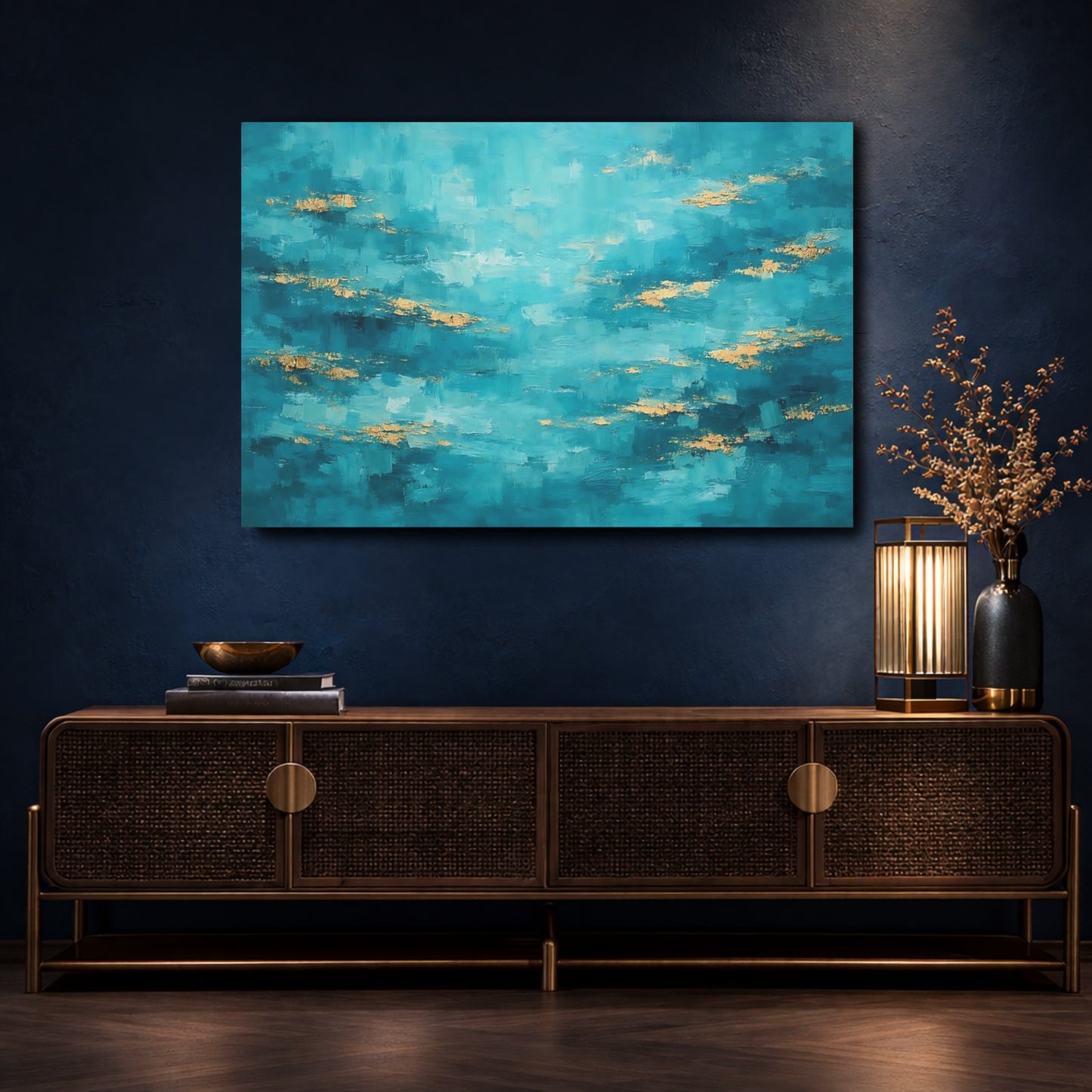 Mockup 4. Abstract Color Field Teal And Gold shown as stretched canvas wall art