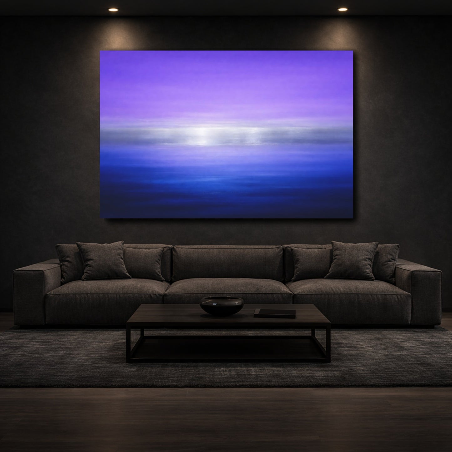 Mockup 2. Abstract Color Gradient Purple Blue Silver shown as stretched canvas wall art
