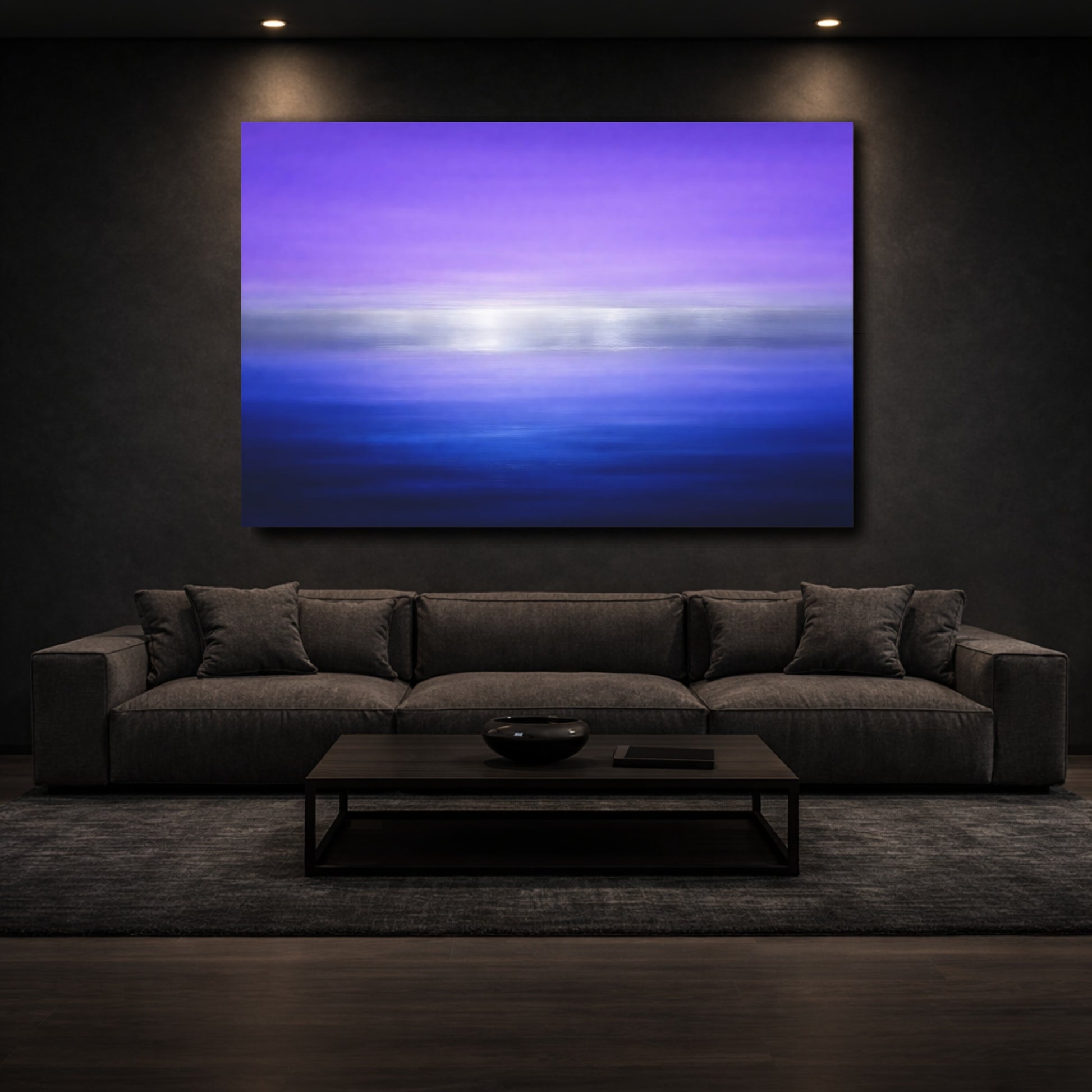 Mockup 2. Abstract Color Gradient Purple Blue Silver shown as stretched canvas wall art