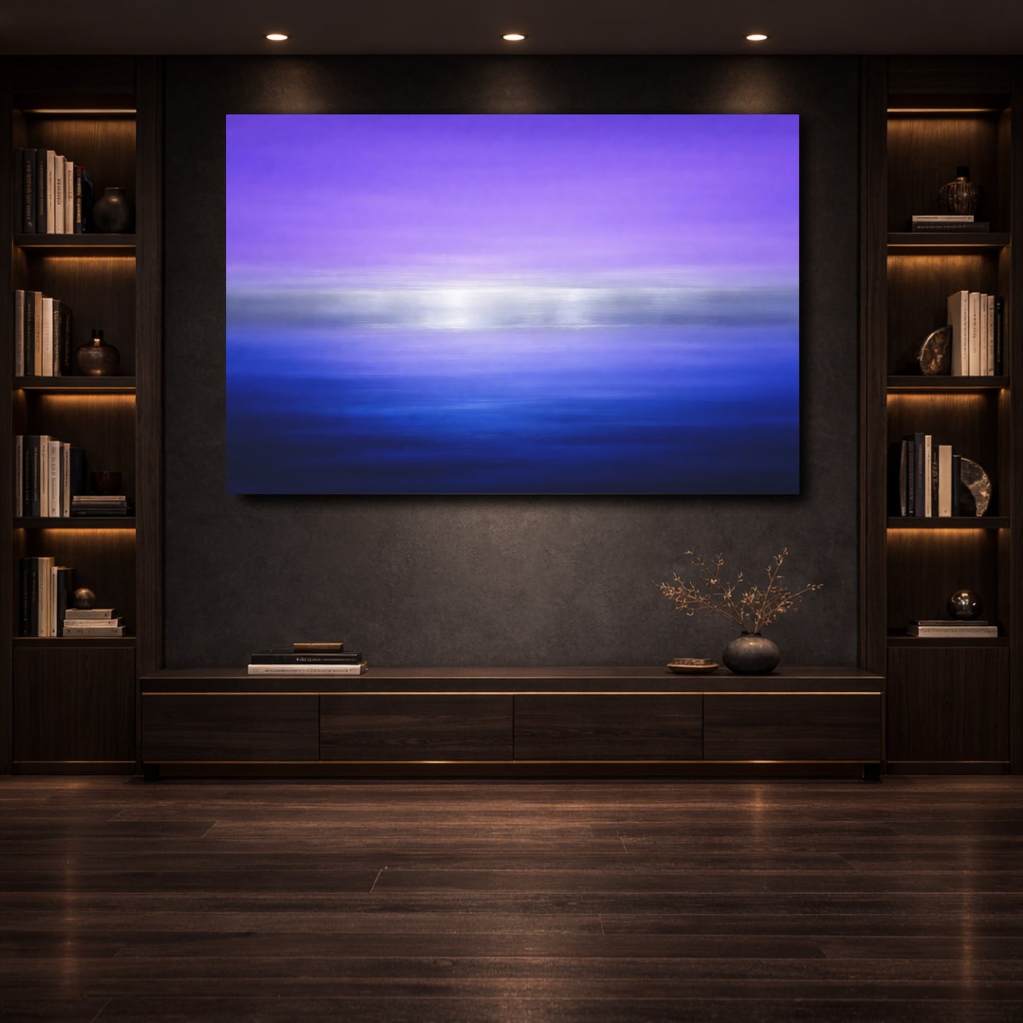 Mockup 3. Abstract Color Gradient Purple Blue Silver shown as stretched canvas wall art