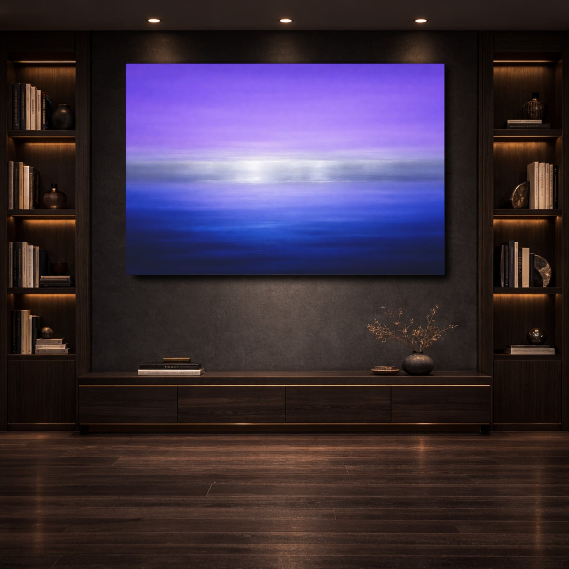 Mockup 3. Abstract Color Gradient Purple Blue Silver shown as stretched canvas wall art